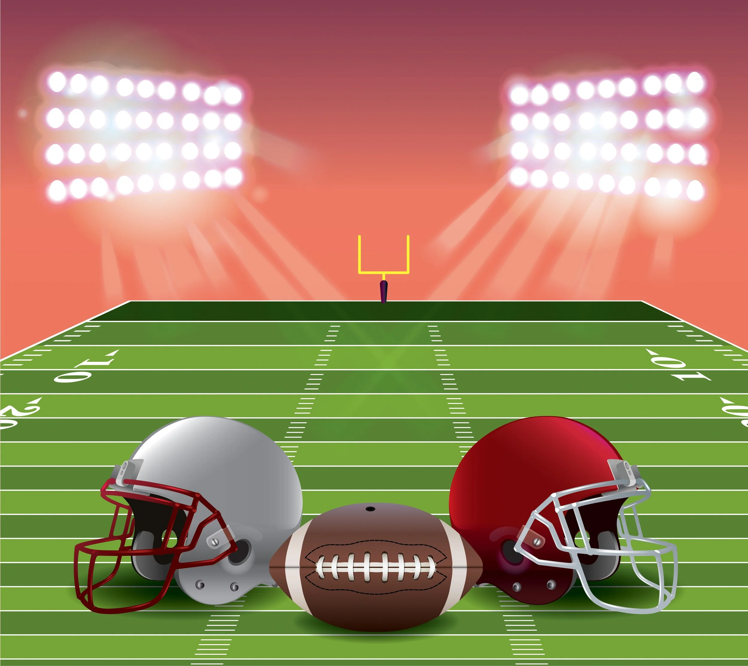 Digital graphic of football helmets and football on a football field with stadium lights