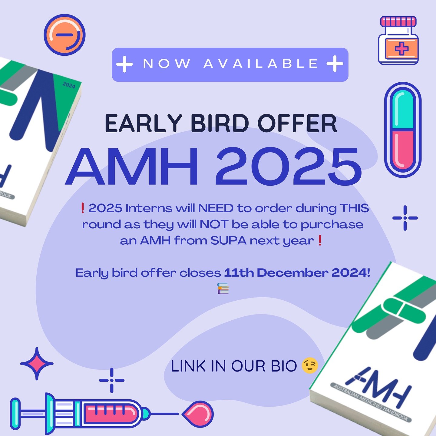 🚨 AMH25 is NOW available for early bird ordering! 📚

❗️2025 Interns will NEED to order during THIS round as they will NOT be able to purchase an AMH from SUPA next year ❗️

Early bird orders will CLOSE on Thursday, December 11th at 4:00pm!

Be sure