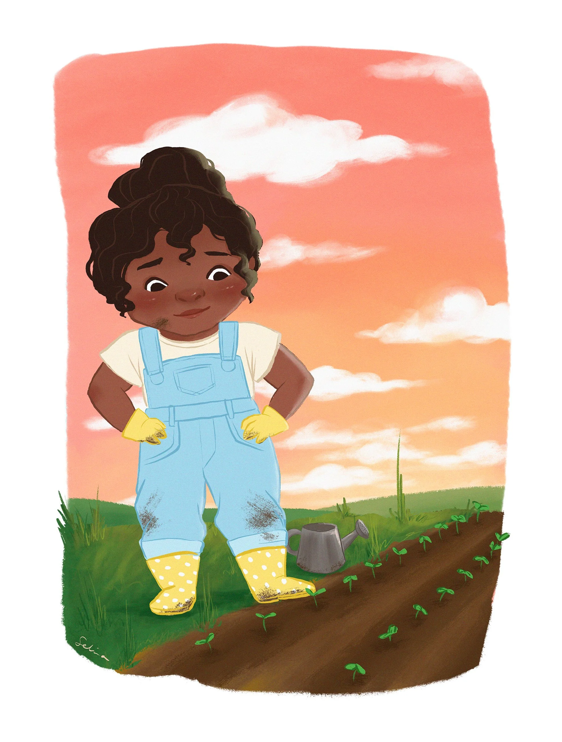  An illustration of a happy farmer, standing over top of their work. A sun sets behind them. 