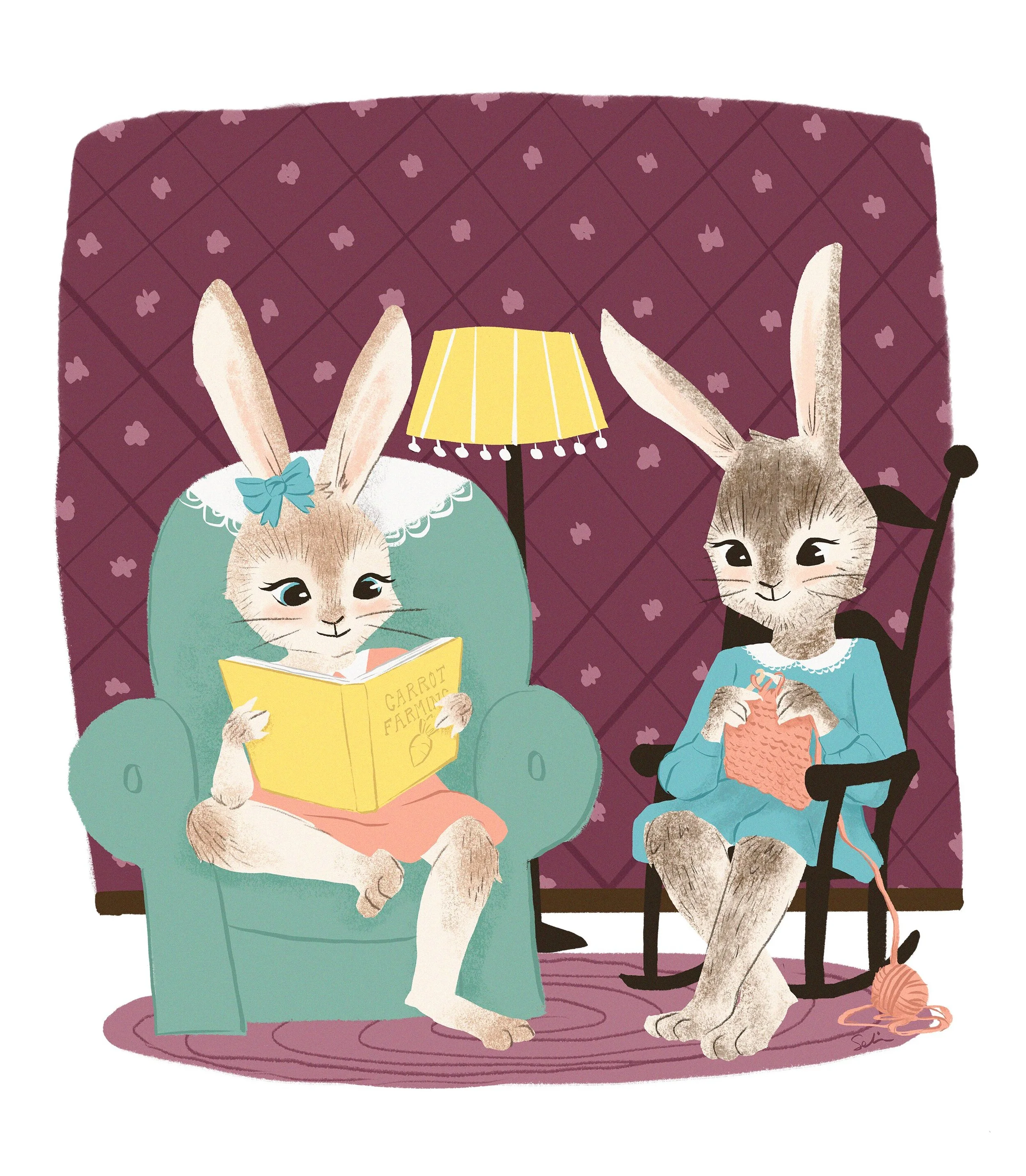  An illustration of two rabbit wives, sitting in their living room. The rabbit on the left is reading a yellow book called “Carrot Farming” and is sitting in a plush mint-colored chair. The one on the right sits in a rocking chair, crocheting somethi