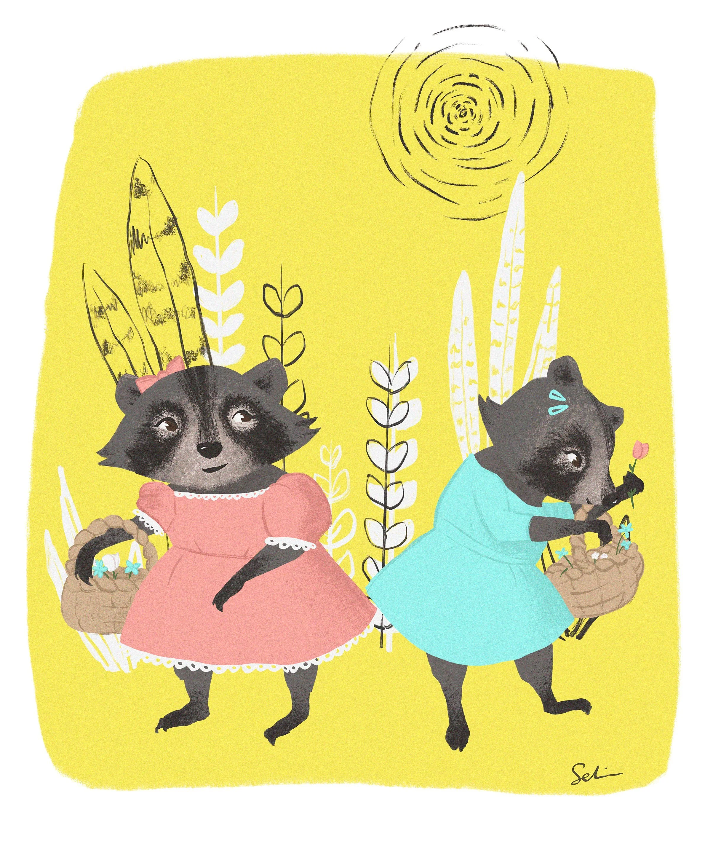  An illustration of two raccoon girlfriends out picking flowers. They each have a basket and a bright yellow background is behind them. 
