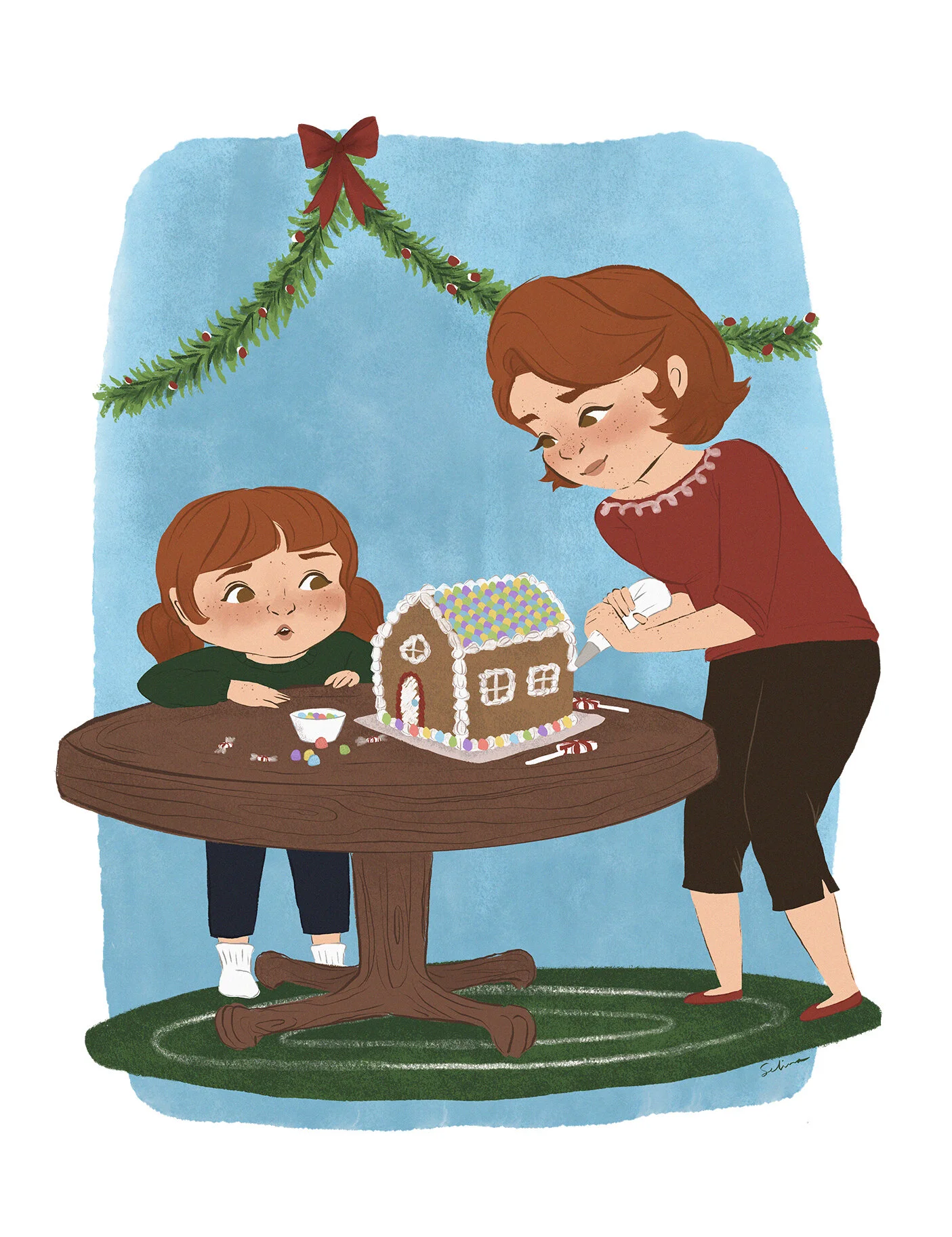  An illustration of a mother and daughter making a gingerbread house together. The mom is in a red top, leaning over the table, carefully applying icing to the house. The daughter peaks over the top of the table, watching in fascination. 