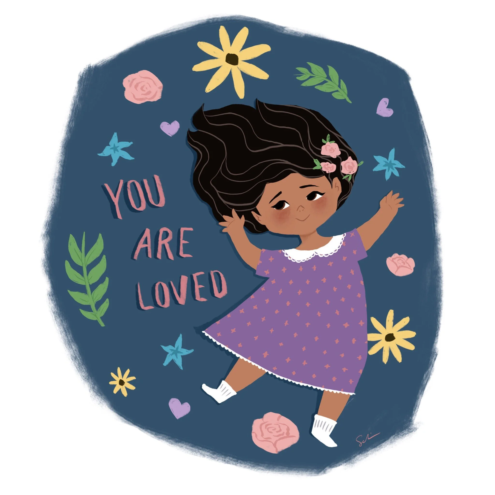 An illustration of a little girl floating against a a dark teal background.  Flowers and leaves float around her, and the words “You are loved” are to her left in pink. 