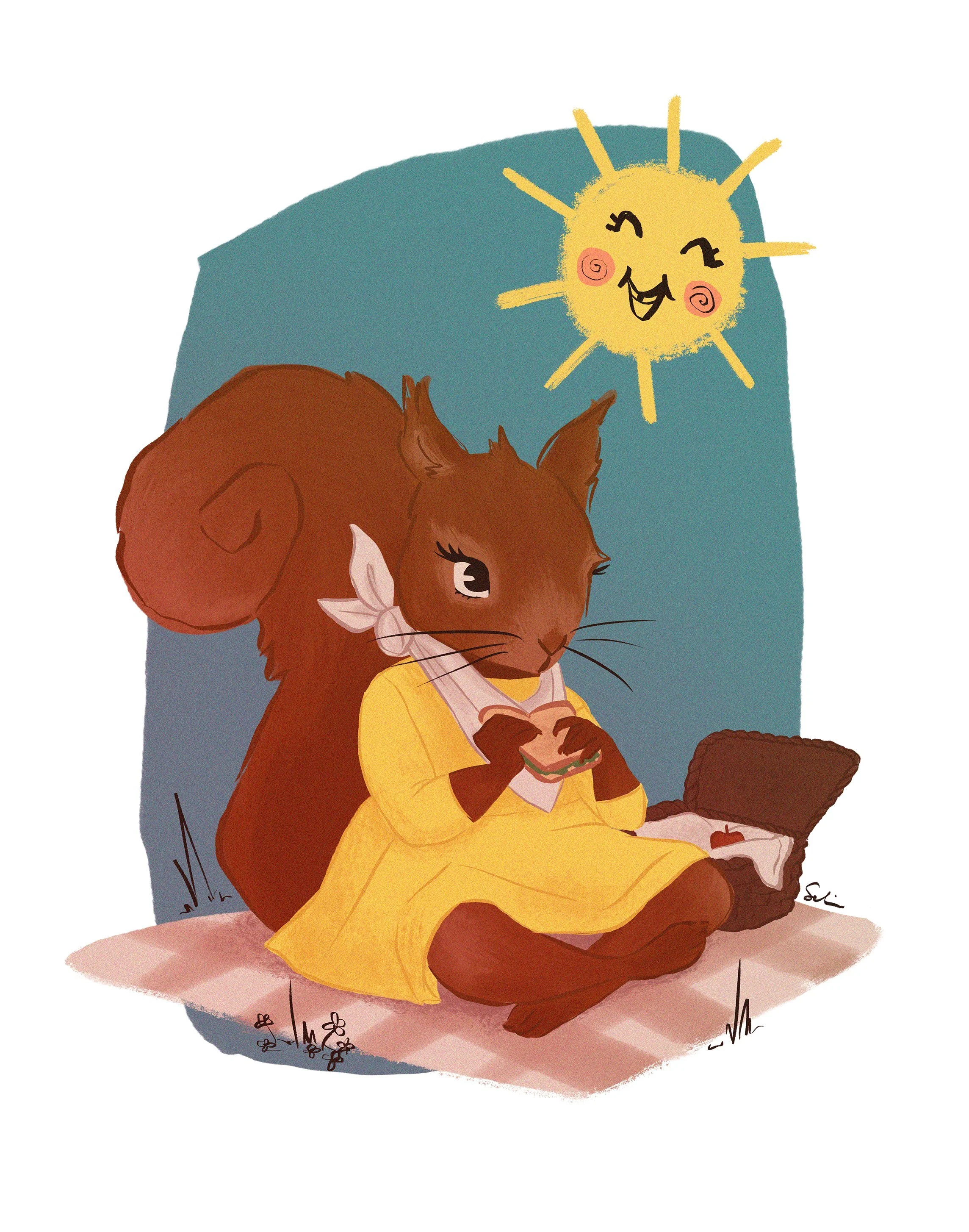  An illustration of a squirrel sitting on a picnic blanket, eating a sandwich on a picnic. A happy yellow sun shines behind her. 