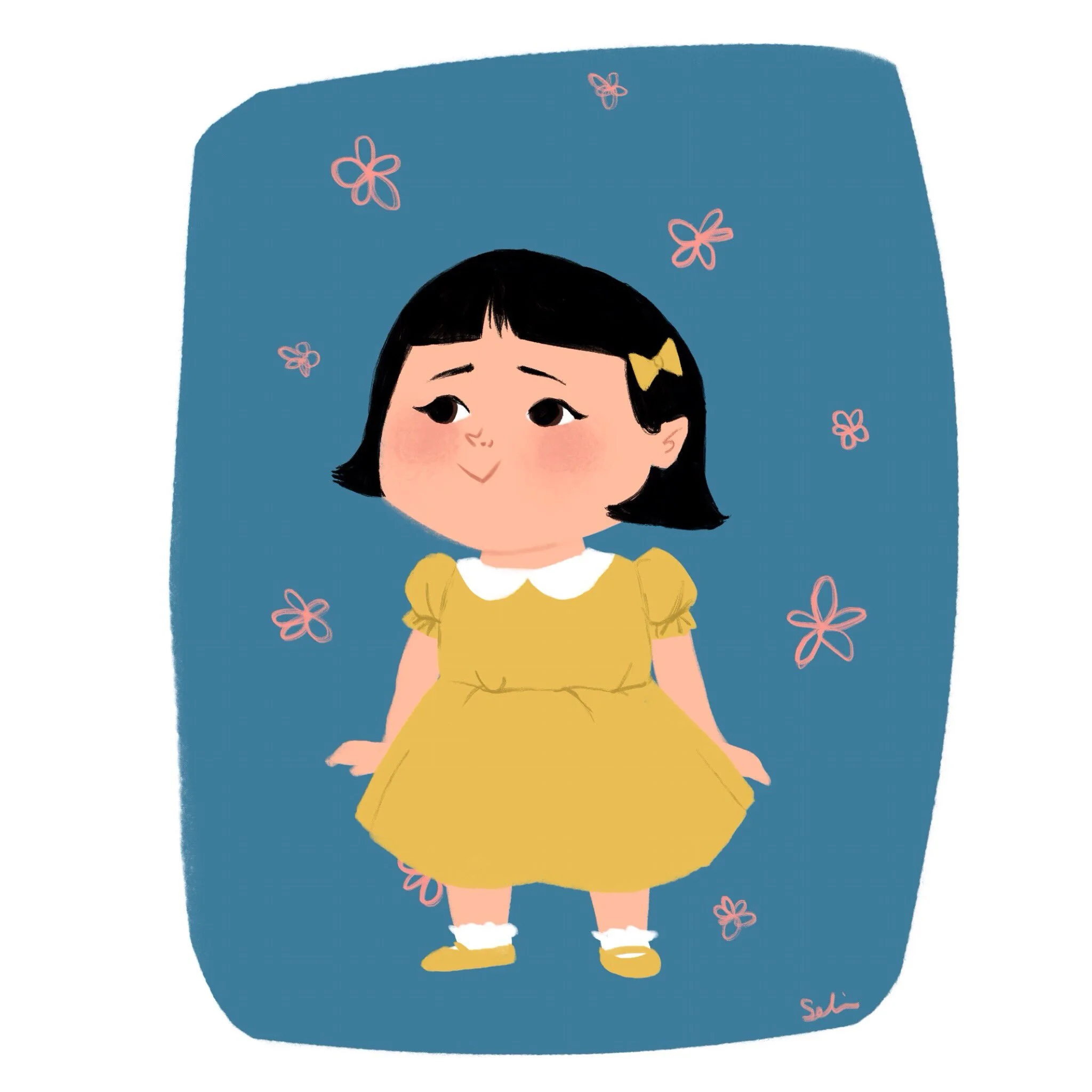  An illustration of a young girl in a yellow dress with a “peter pan” collar. A yellow bow that matches her dress is in her hair. She looks up and to the left. A blue background is behind her, with little pink flowers everywhere. 