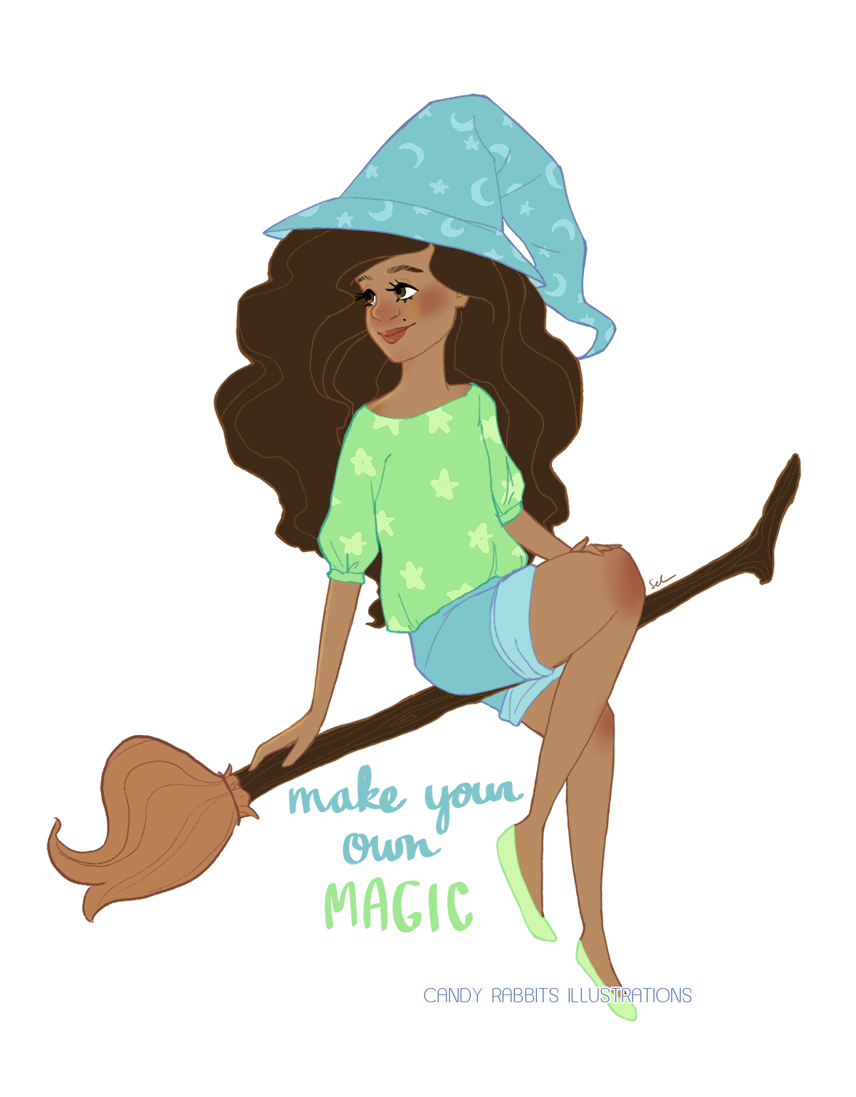  An illustration of a witch sitting on a broom. She wears a light blue witch’s hat covered in stars and moons, a pale green top, and blue jeans shorts. Below her broom is the text, “Make your own magic.” 