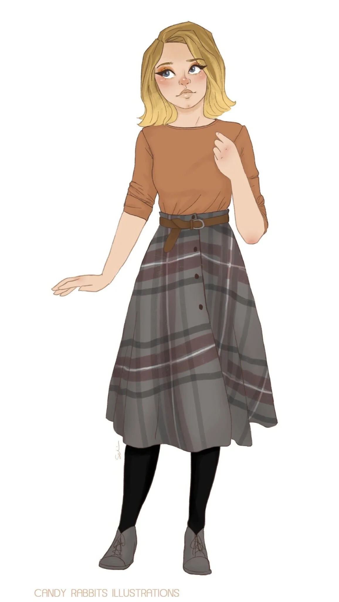  An illustration of a woman with shoulder-length blonde hair. She looks to her left, and is wearing a burnt orange top, plaid skirt, black tights, and great shoes. 