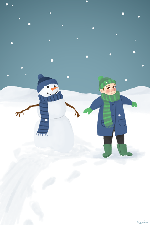  An illustration of a snowman and a little boy standing in a field of snow. The boy stands to the right of the snowman, mimicking his pose and smiling. 