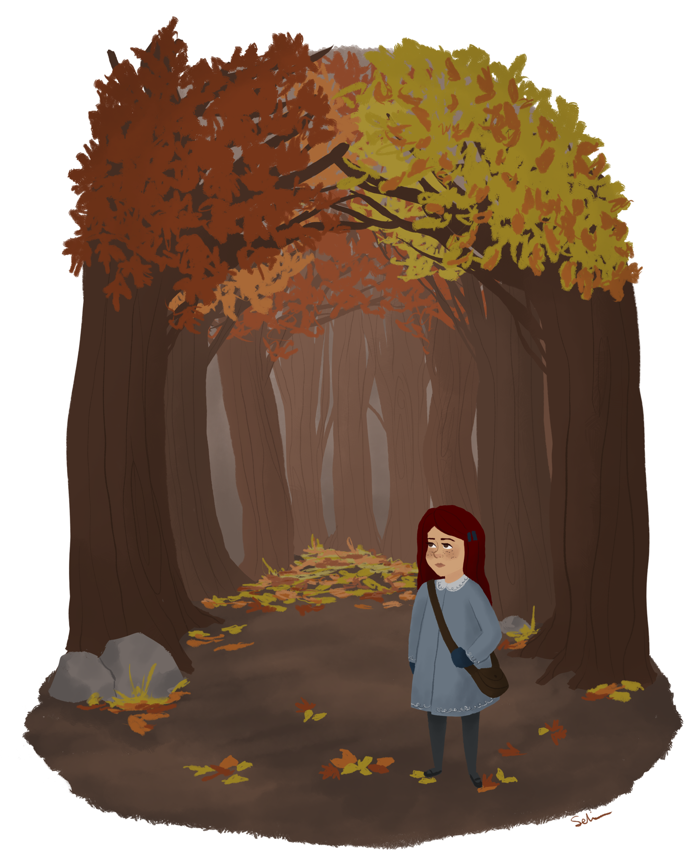  An illustration of a young auburn-haired girl standing under a forest clearing. Red, yellow, and orange fall leaves frame the space above her, and some leaves scatter the ground around her. 