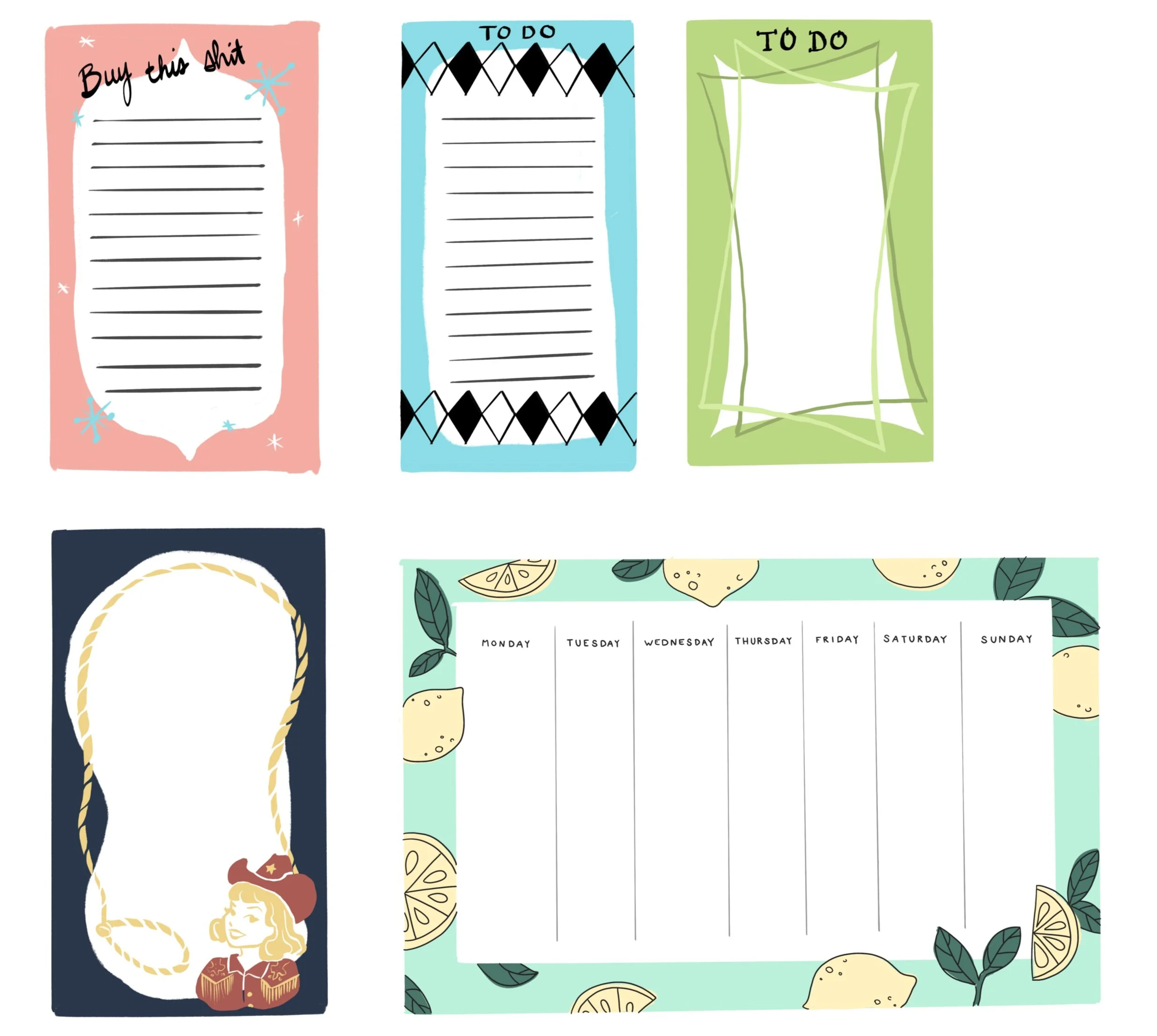  A collection of ideas for to-do lists and weekly calendars notepads. They have a vintage, mid-century feel. 