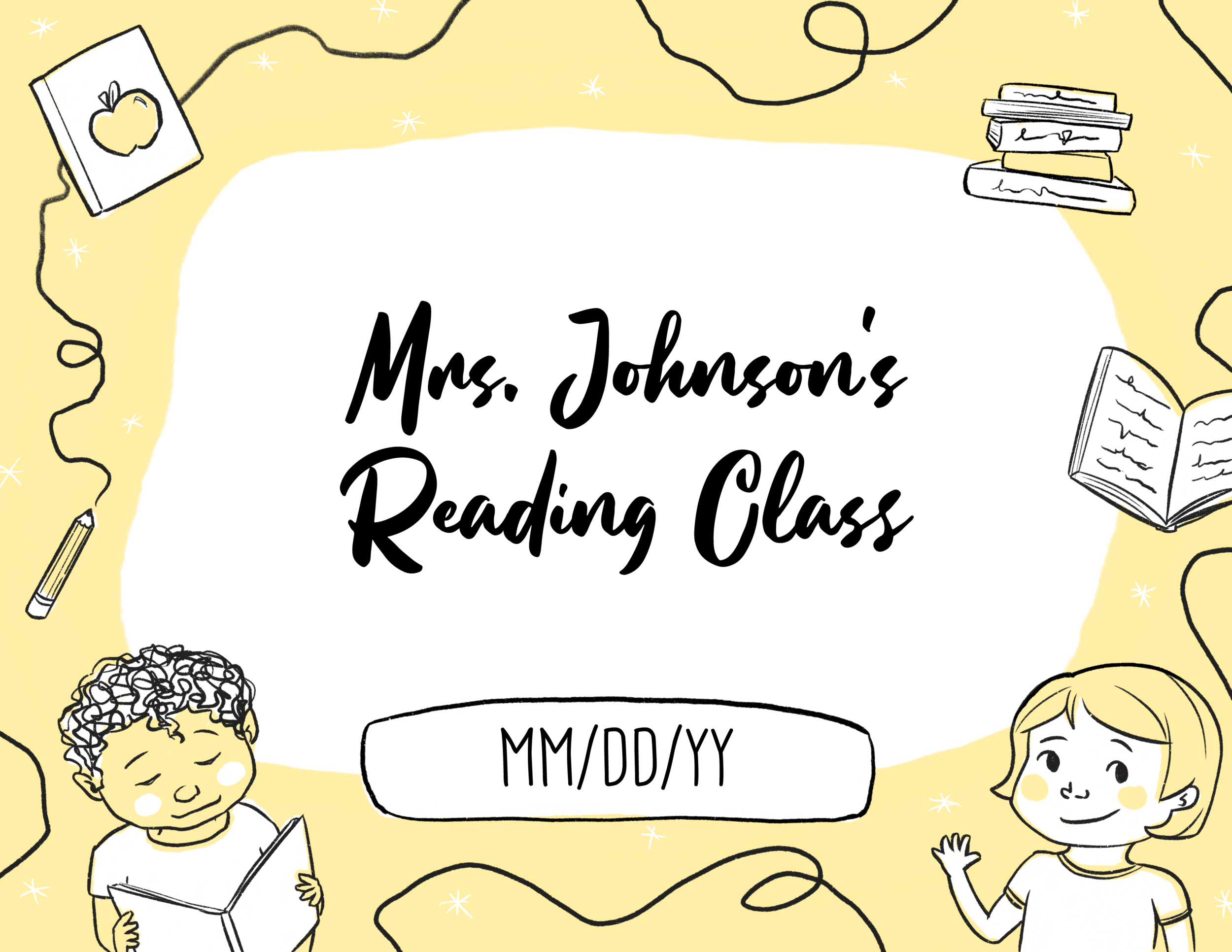  This image shows a designed and illustrated powerpoint template for a teacher’s classroom. It has a yellow background and shows a kid reading, a kid waving at the viewer, and various reading-related icons floating around.  