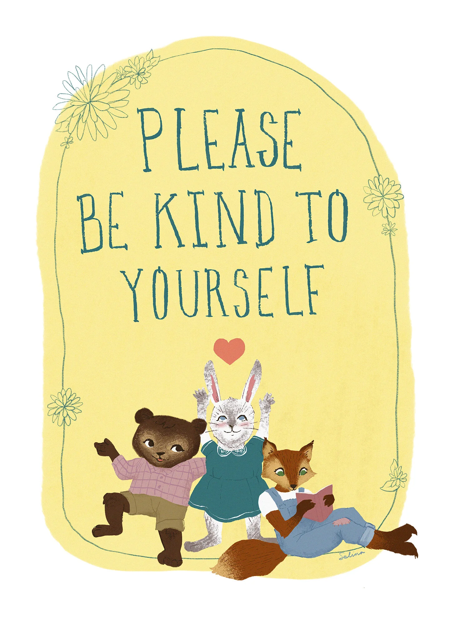  An illustration of three animals underneath in the words, “Please be kind to yourself” in all caps. The animals, from left to right, are a bear with its foot raised, a rabbit with arms outstretched upwards toward a floating heart, and a fox sitting 