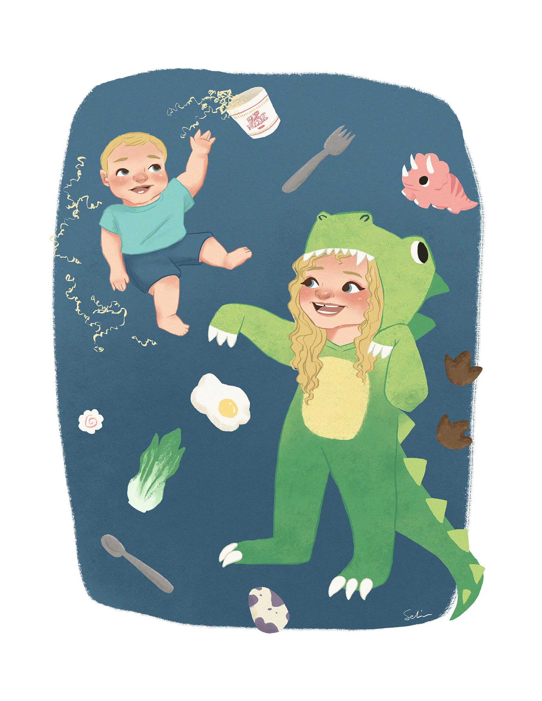  An illustration portrait of two blonde siblings. The younger boy floats in the air to the left, with a cup of ramen spilling out next to him. His sister stands to the right in a green Tyrannosaurus Rex costume, and dinosaur-related objects float aro