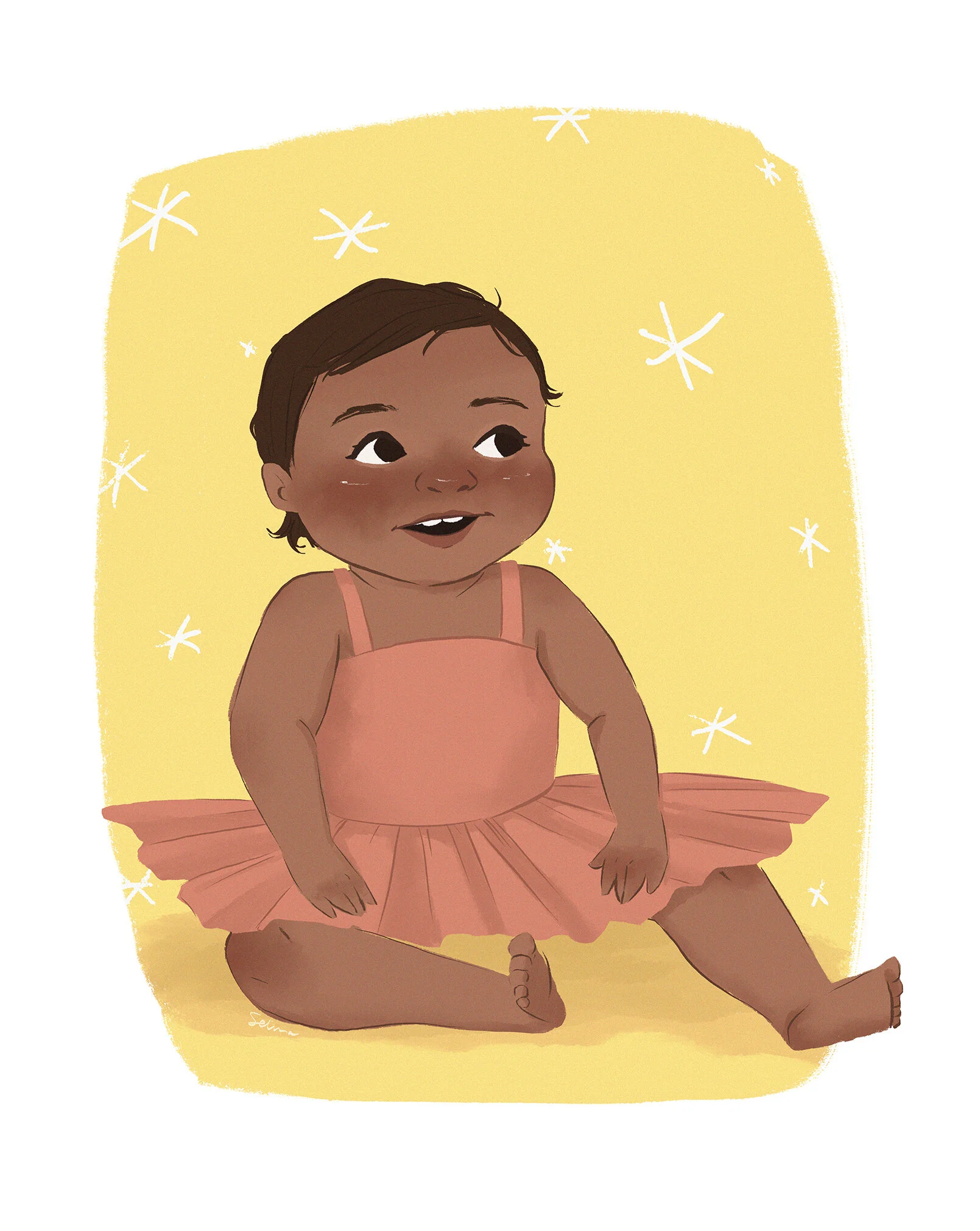  An illustration of a portrait commission of a toddler in a pink tutu sitting on the ground. A yellow background with white stars is behind her. 