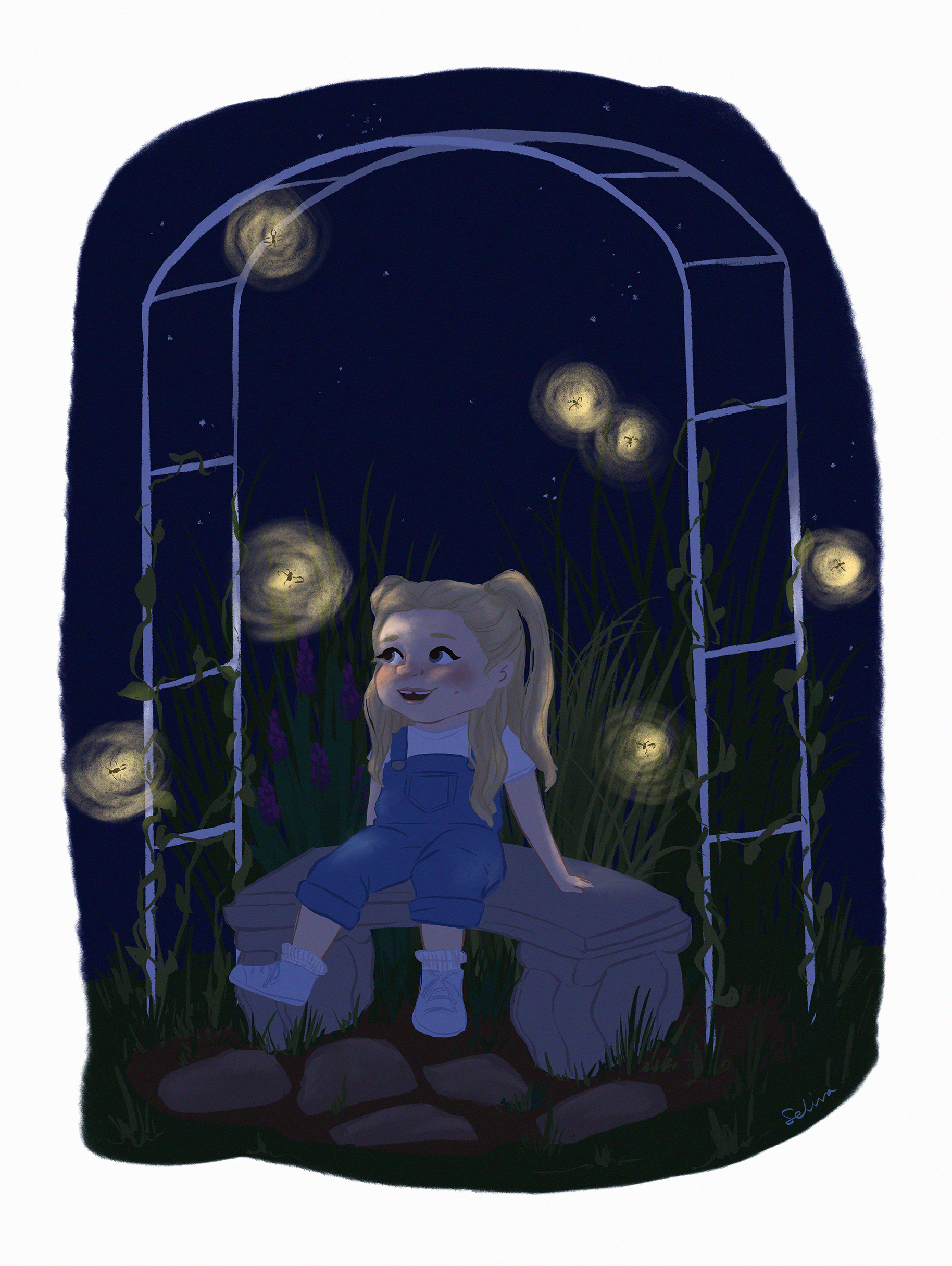  Illustration of a girl sitting under a garden trellies at night on a stone bench. She is wearing overalls and has pigtails. She is smiling up at fireflies floating around her. 
