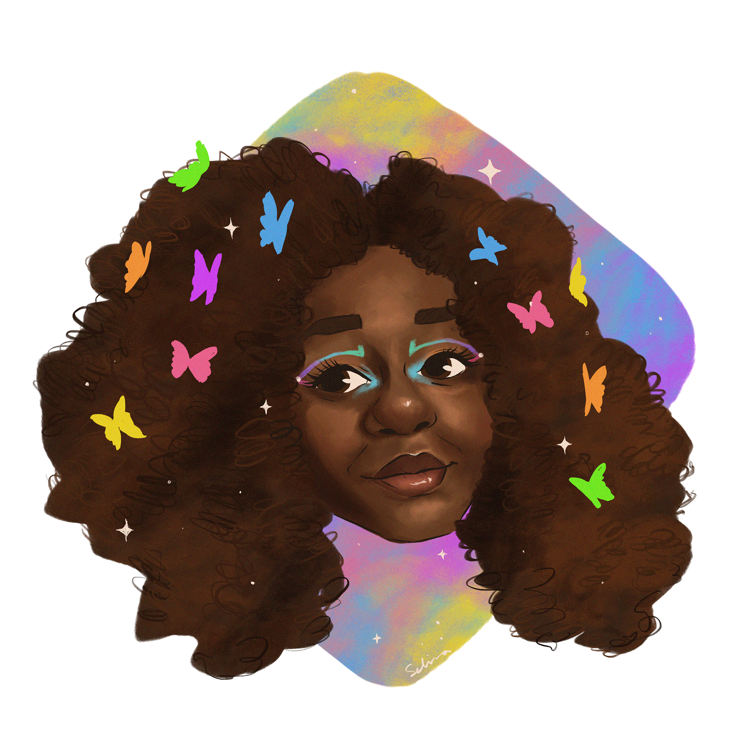  Illustration of a woman with a beautiful afro filled with colorful butterflies. She has rainbow makeup around her eyes and a colorful pastel rainbow diamond background behind her. 