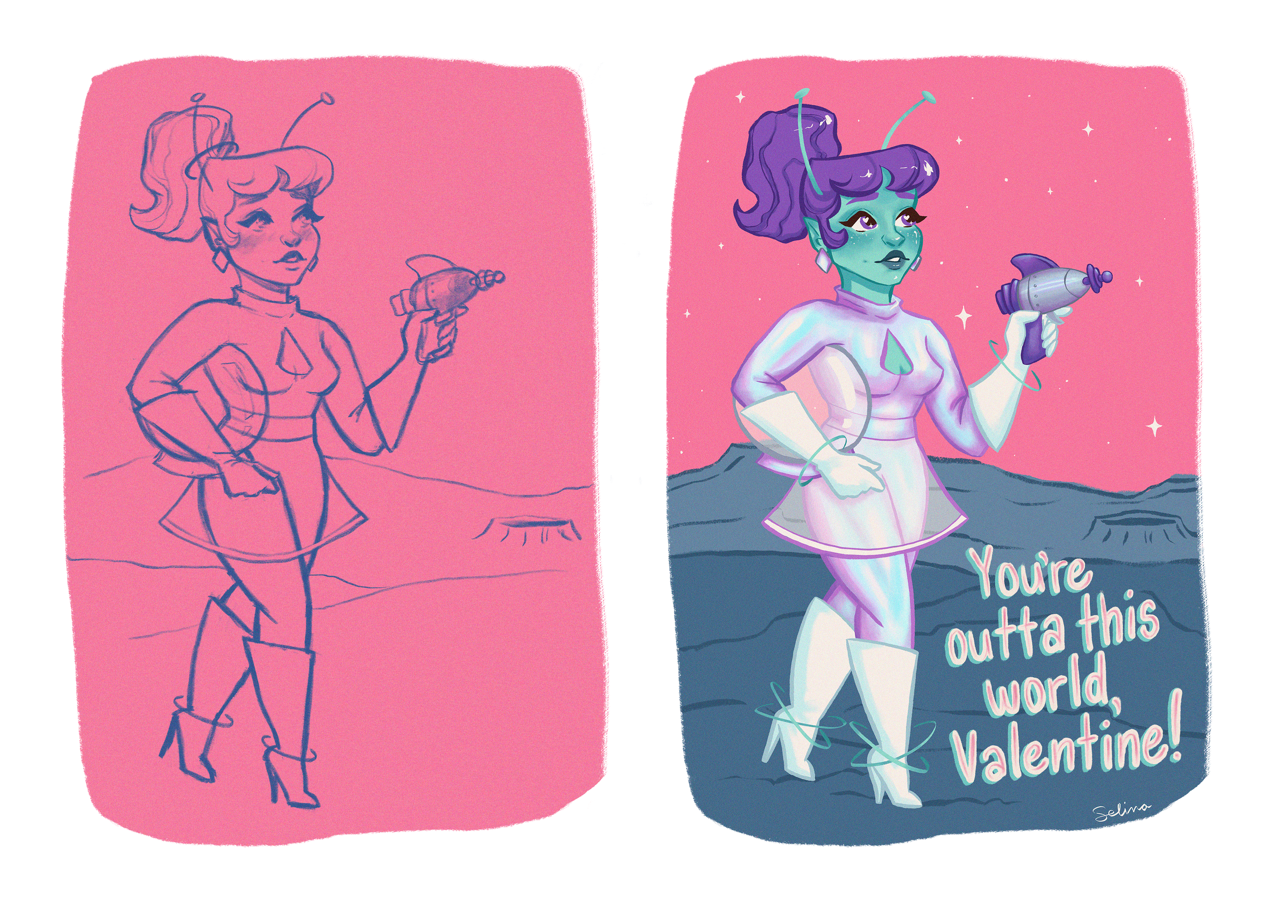  Side-by-side comparison of a sketch and a finished drawing of an alien space babe. She has teal skin, bright purple hair in a ponytail, and is wearing a holographic 60s-style spacesuit. She holds a helmet under her right arm and a laser gun in her l