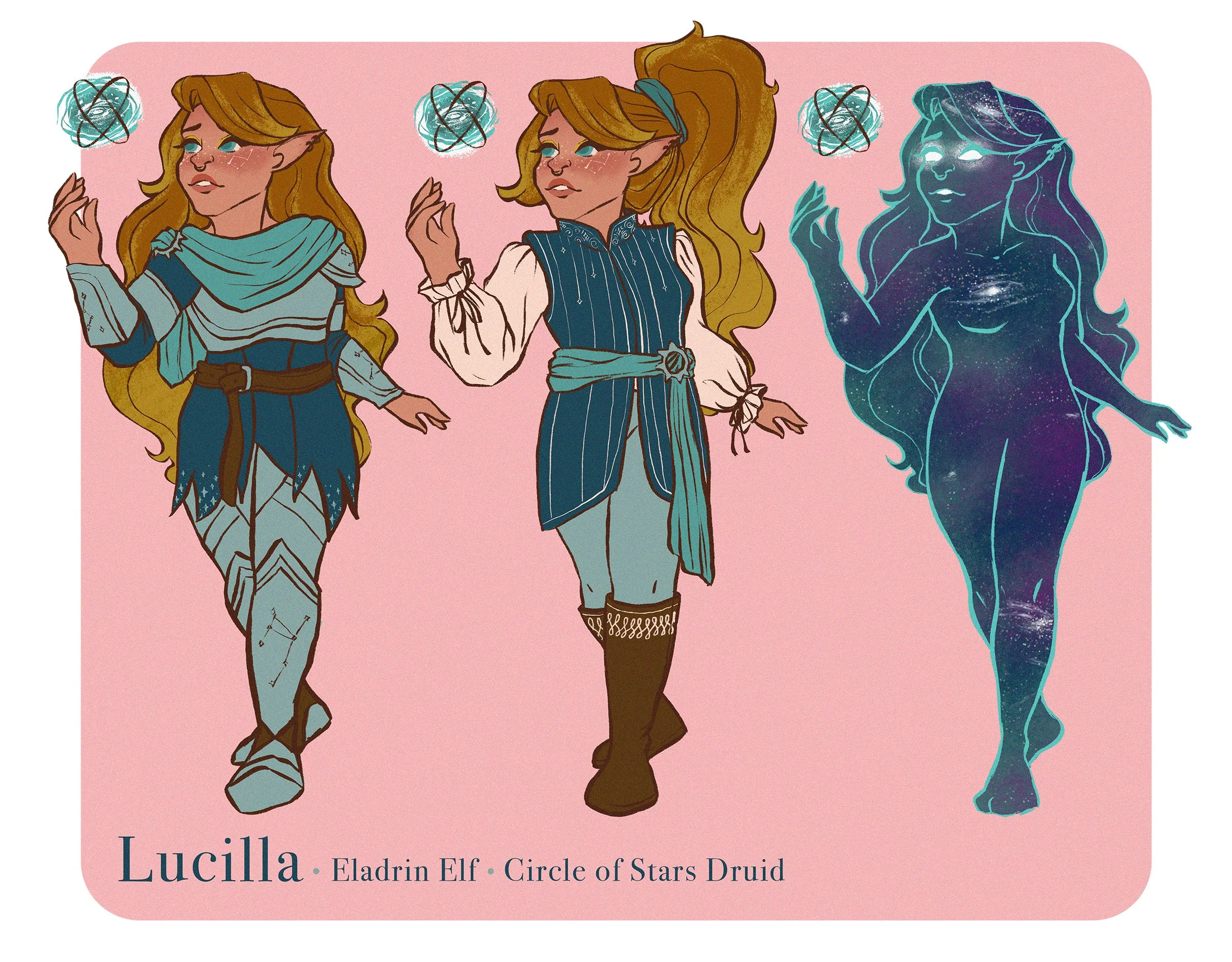  Illustrated character sheet Dungeons and Dragons character,  Lucilla, an Eladrin Elf Circle of Stars Druid. She has long darker blonde hair thhat ombres to light blond, pink pale skin, white freckles containing constellations, and big blue eyes. 3 v