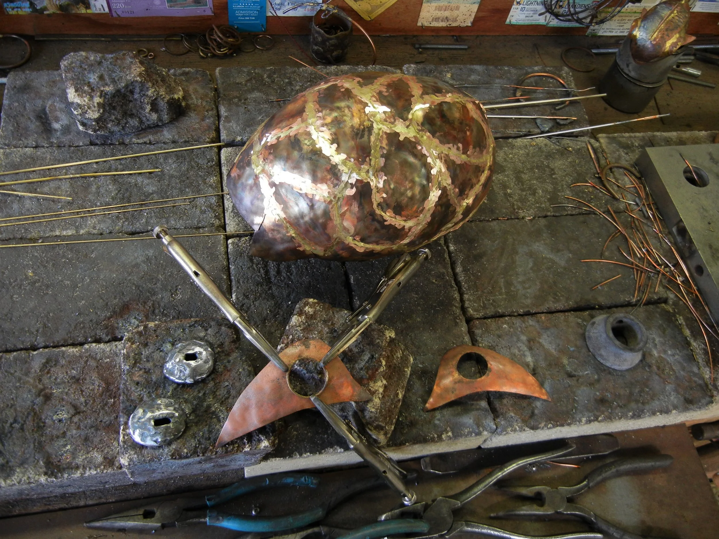  Eyes made of steel I melted, wanted different color variation to the copper. Then braze the small copper pieces which will become the outside of each eyeball. 
