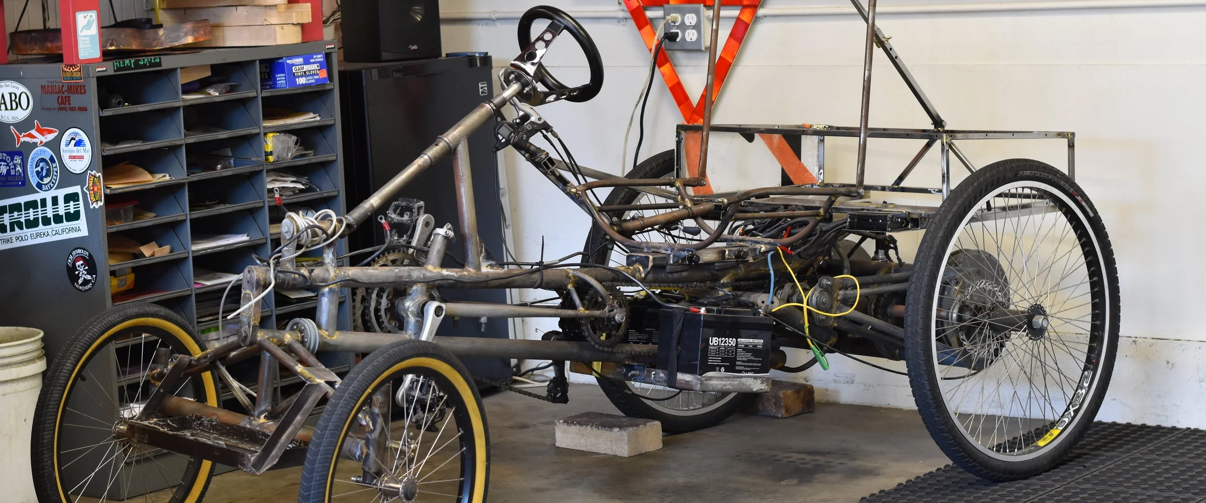  Decided on a new ‘lectric toy, original chassis built by a friend who in turn sold to me May 2018. So far I’ve rebuilt the front end, steering, throttle, brake and shifting handles. Built box for carrying beer and groceries. Build continues and has 