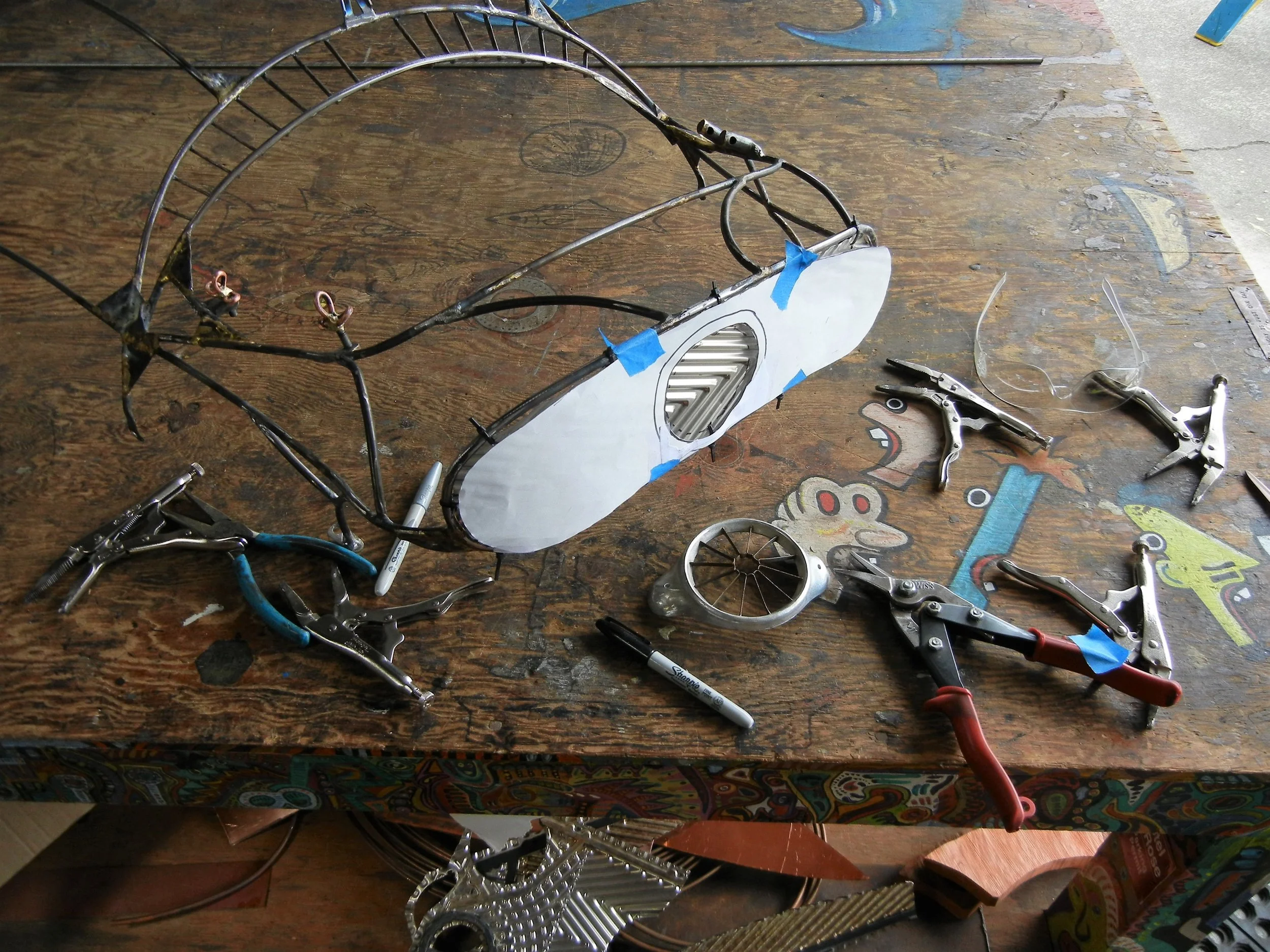  Grill idea sure hope it works. Found this cool stuff again @ the salvage yard in Arcata, (thanks Bonnie). Stuff was hard to cut, idea was to mount apple corer in middle. Took some time but was well worth the effort. 