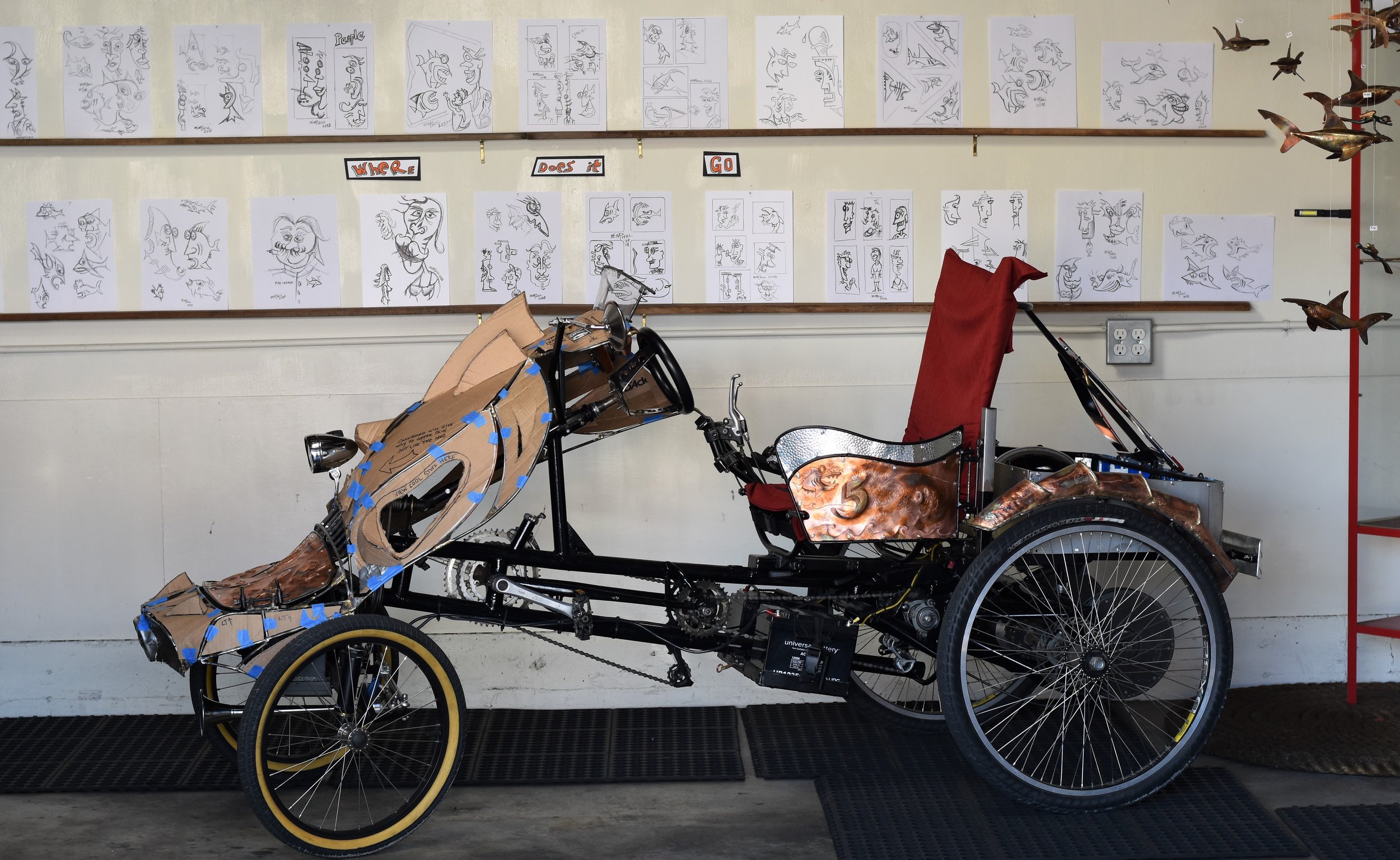  Portside view, holes in side will be covered with plastic material I use for the windshield, tuff stuff. This will allow for cool viewing of the internal pedal system. Suicide door with beer holder, check! 