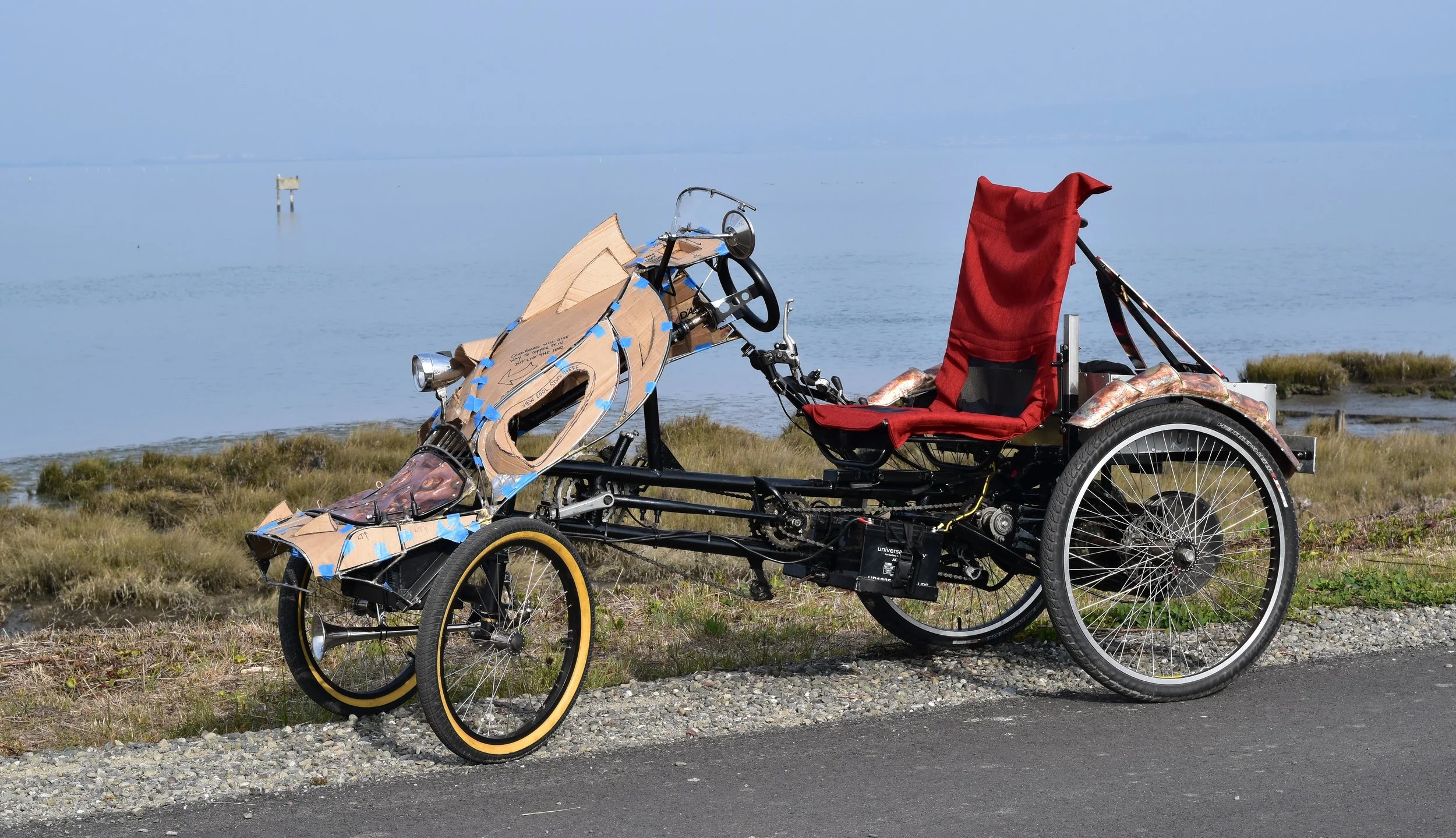  Test ride of the cardboard body mockup. Deflects wind pretty good but need to do some more deflecting. Pix taken by East Point, Arcata Bay, California. 