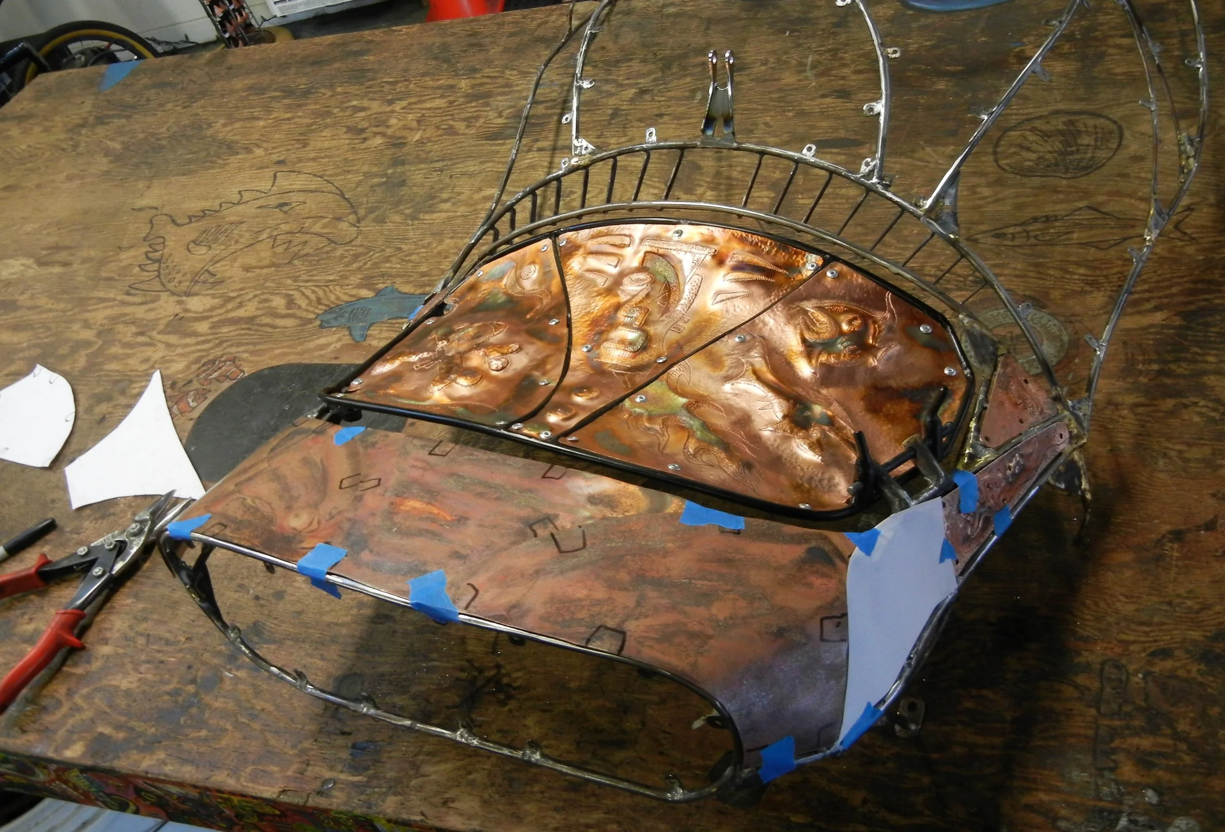  Front end work, copper skinning front side begins. Paper mockup cut big work to fit in copper. Beginners need not apply. 