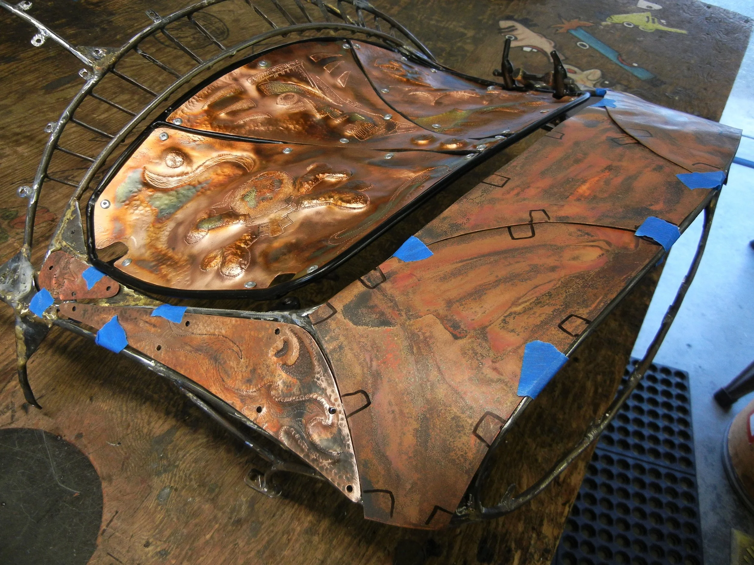  Copper skinning right side with front end pieces ready to roll. Time to figure out the next Art move. 