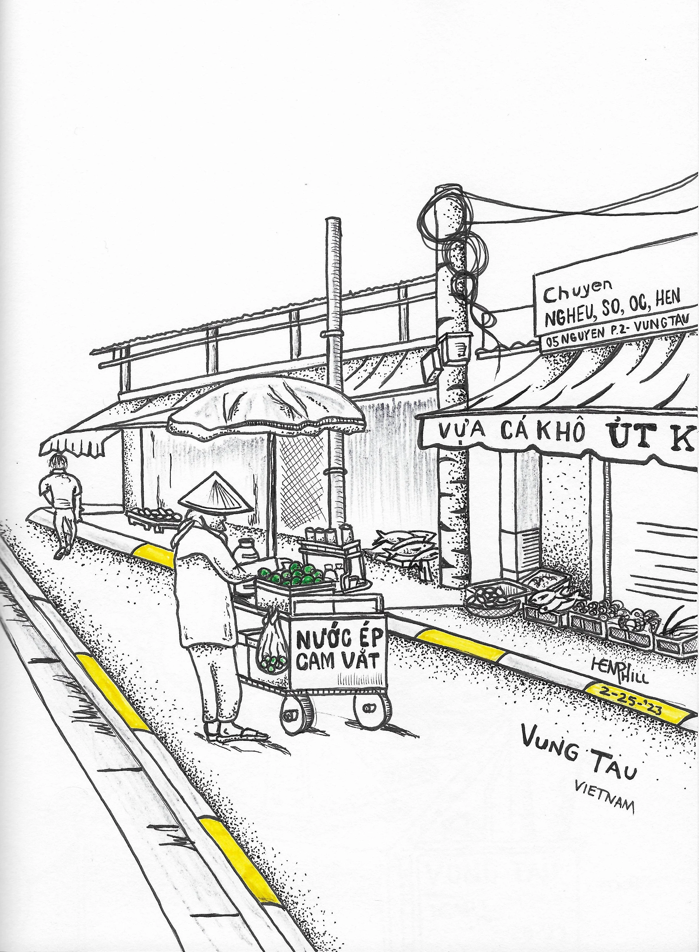 Fish market every single one was hustle and bustle. Fish On! She sells orange juice