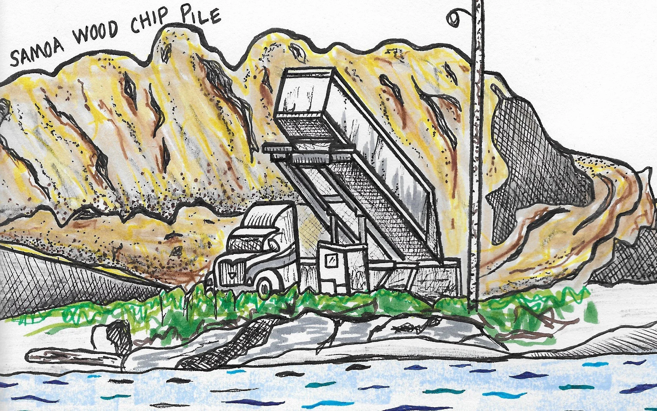 Samoa Wood Chip pile. Semi trucks drive in do a dump then front loaders push to top of chip pile