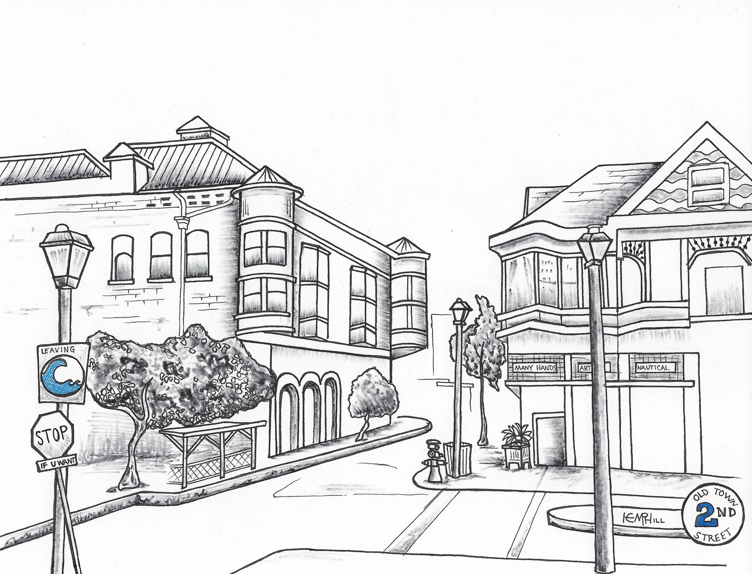 Carson block and Many Hands Gallery viewing from gazebo area