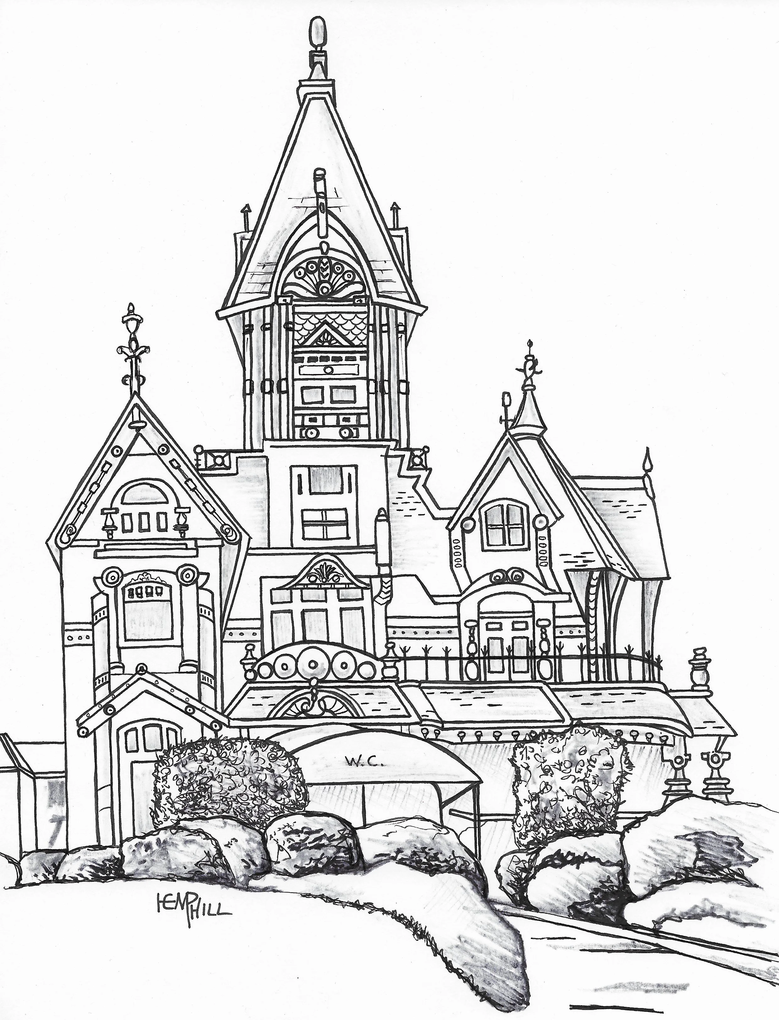 We'll start this color fest off with the Carson Mansion, scariest of all haunted houses anywhere!