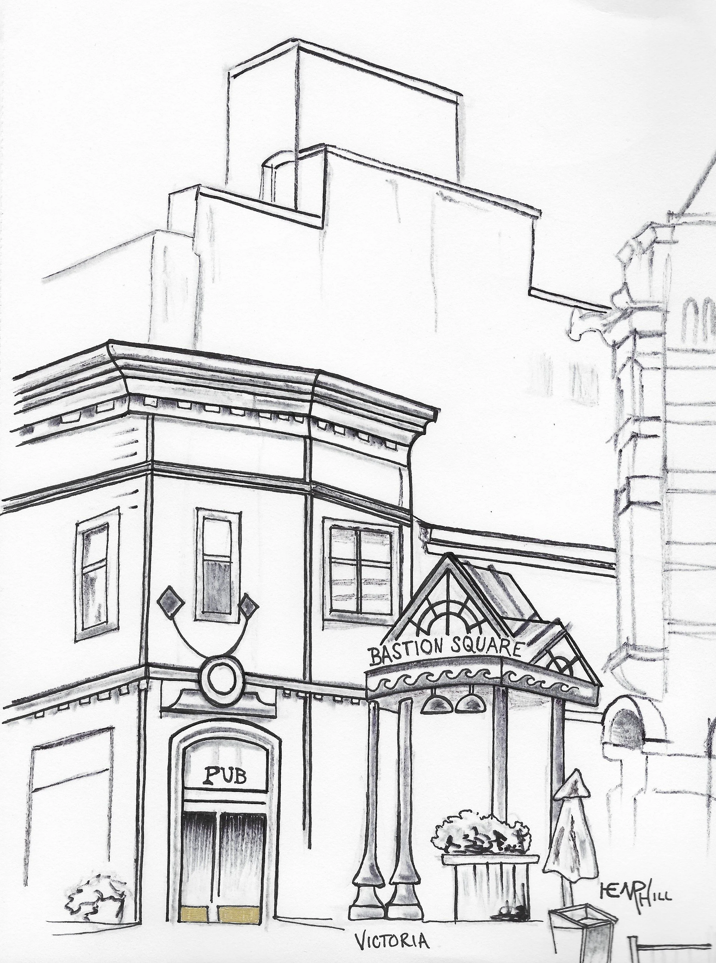 Right downtown Victoria, BC. After seeing some line pencil draws at Maritime Museum did my present sketch agenda change. Technical pen.