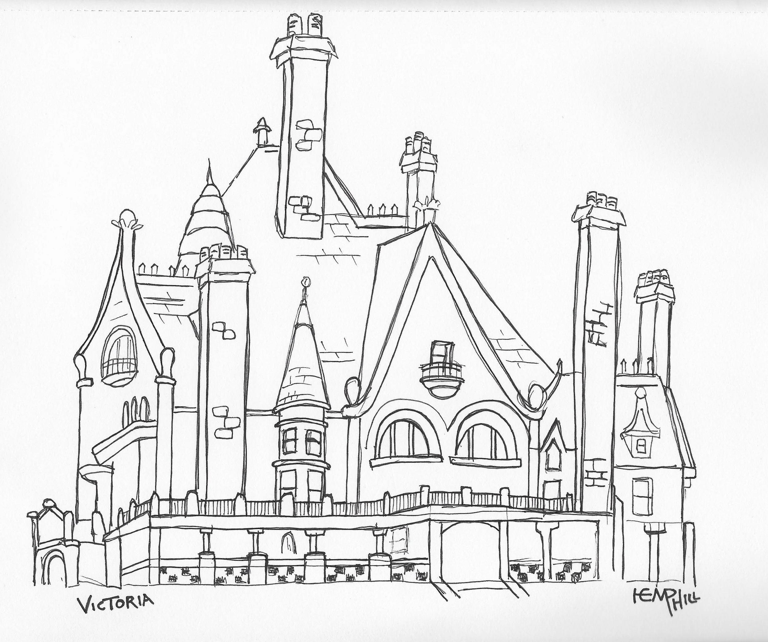 Craigdarroch Castle. I found a nice grassy spot with rock wall and spent the next hour doing this draw. No shade for this draw.