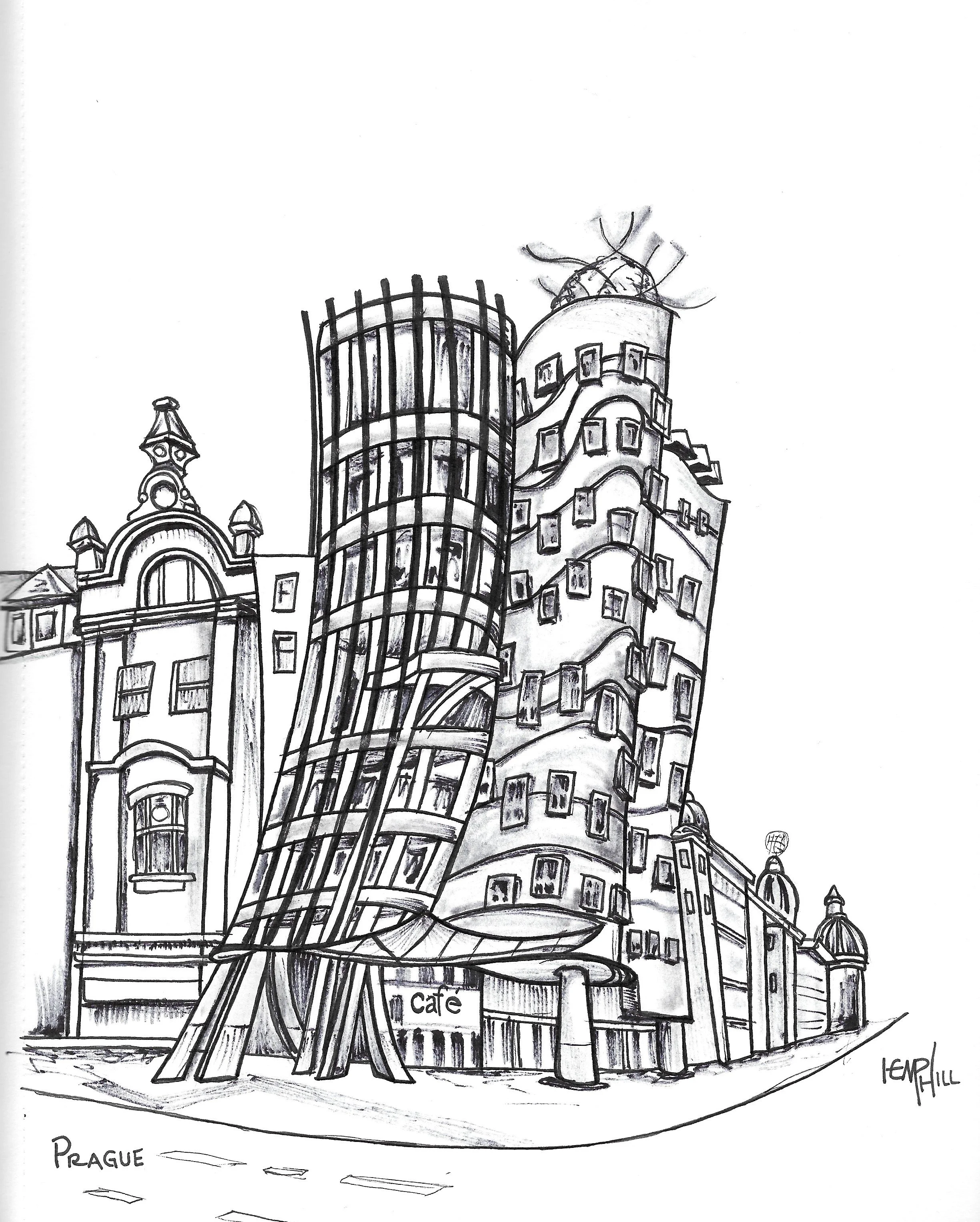 Dancing House along the river mixed in with the old stuff. Very cool