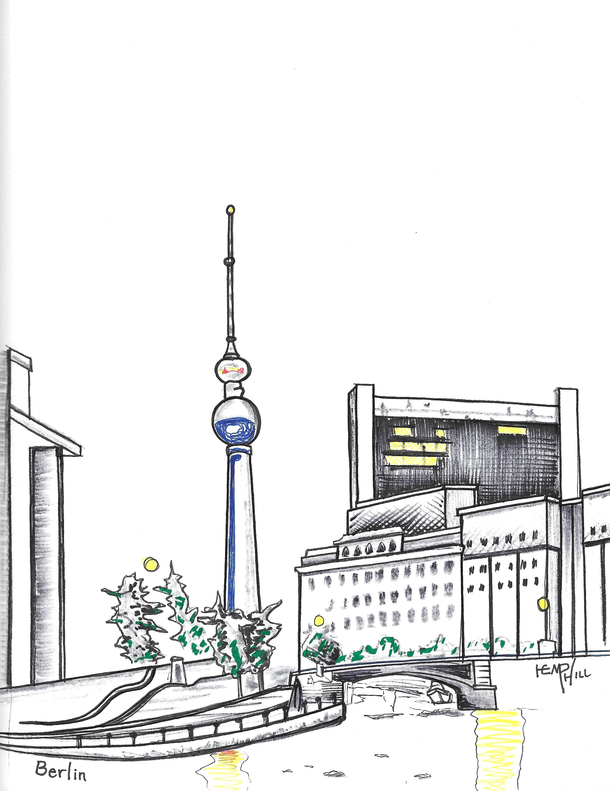 Berlin along the Spree river downtown. TV tower built in '69 communist yea?