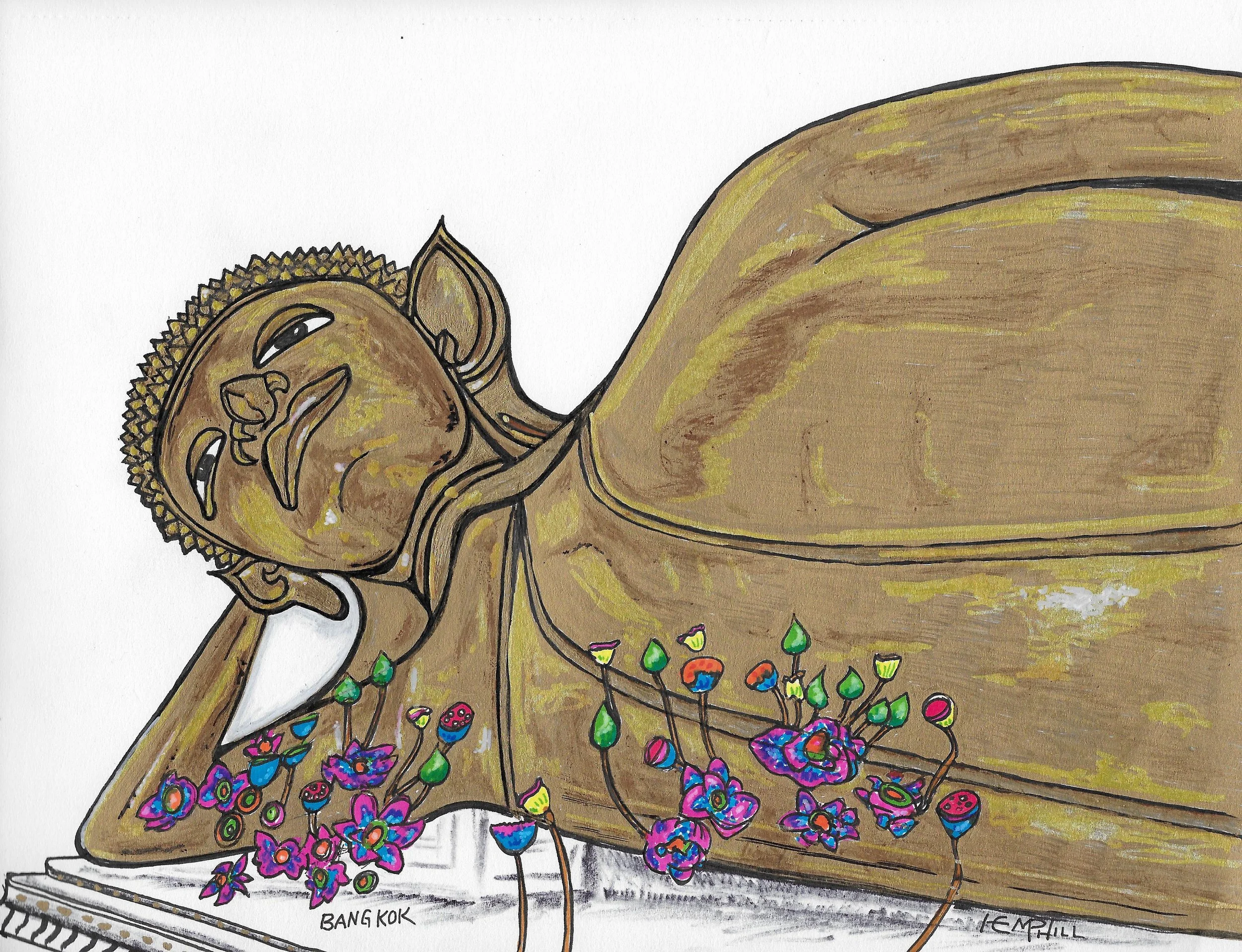 Reclining Buddha by Grand Palace Bangkok. Very large and long big.  Elegant. 