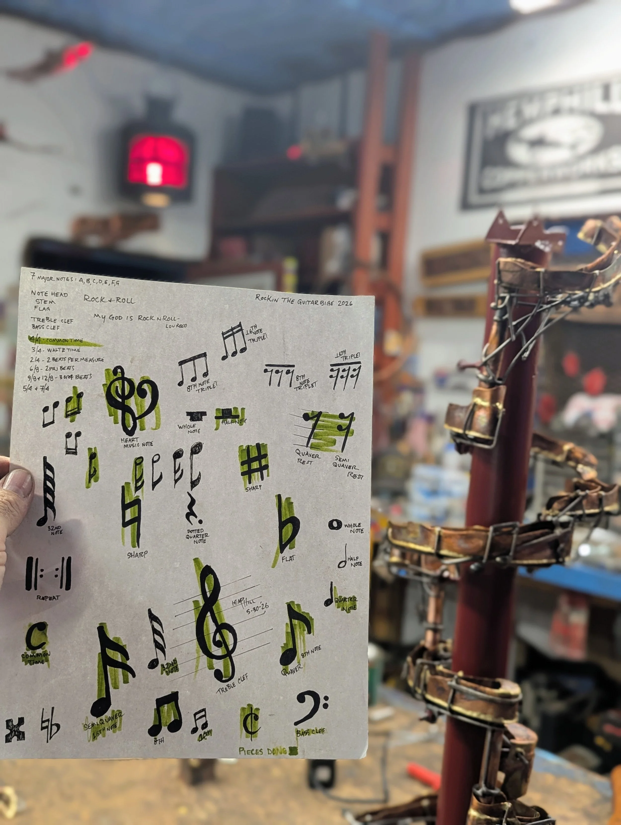 I drew up a bunch of music stuff and then made out of steel. Placed in various spots on build. Highlighted ones were done.