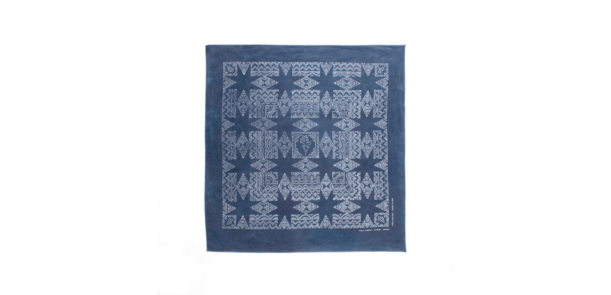 A limited bandana that highlights the collective efforts of Folk Fibers + Ginew + Lou Medel. The fabric is 100% cotton - grown, spun, woven, and sewn in South Carolina. Hand-dyed by Folk Fibers, Ginew, and Medel in Austin, TX - then discharge printed in Portland, OR. Available now on Etsy .