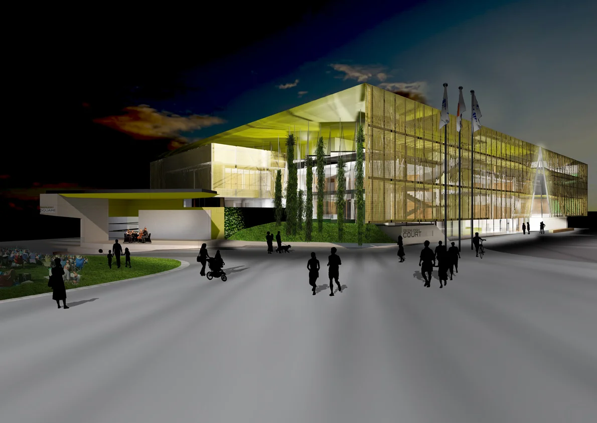 Night views reveal interior via screen transparency.