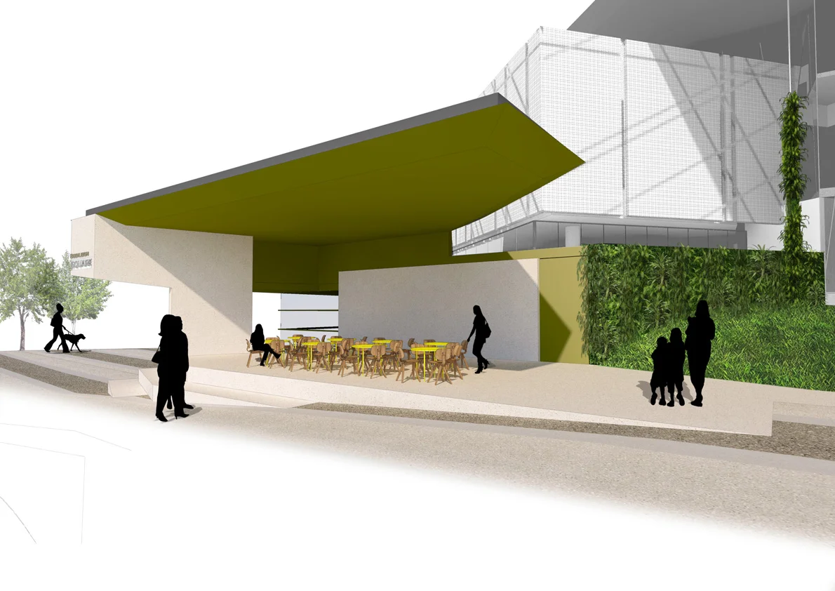 The proposed design extends the use of the civic platform by incorporating a cafe tenancy.