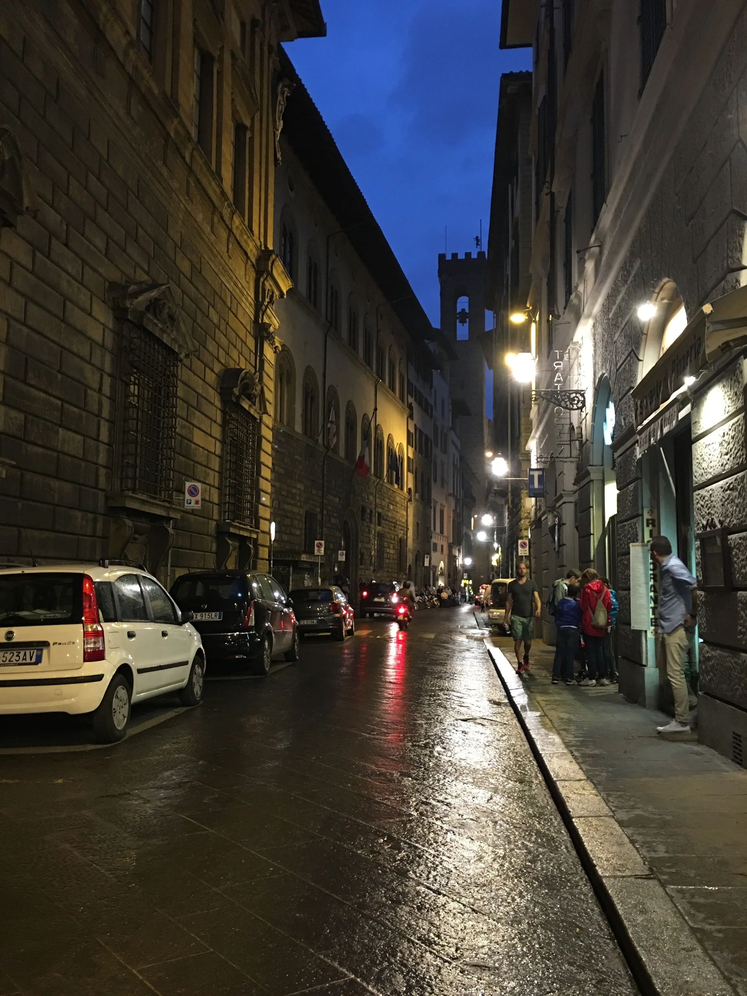 Florence at night. That's piazza Vecchio in the distance. It also just rained  
