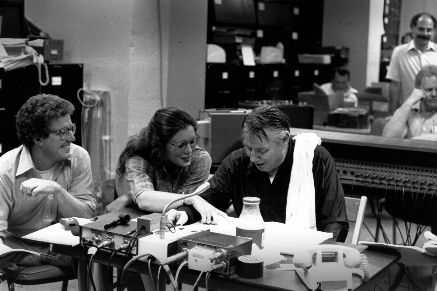 Fred Scott, Sylvia McNair and Robert Shaw backstage in recording session for Poulenc's Gloria , 1982.