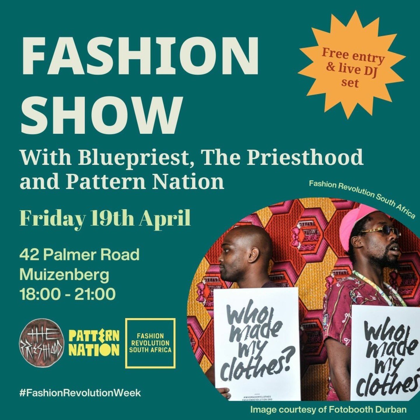 We are excited to announce that we are partnering with @fas_rev_southafrica &amp; @thepriesthood_cpt @Bluepriest_za to produce a Fashion Show for Fashion Revolution Week!! 

Start your weekend of activism by joining us on Friday, 19th April from 18:0