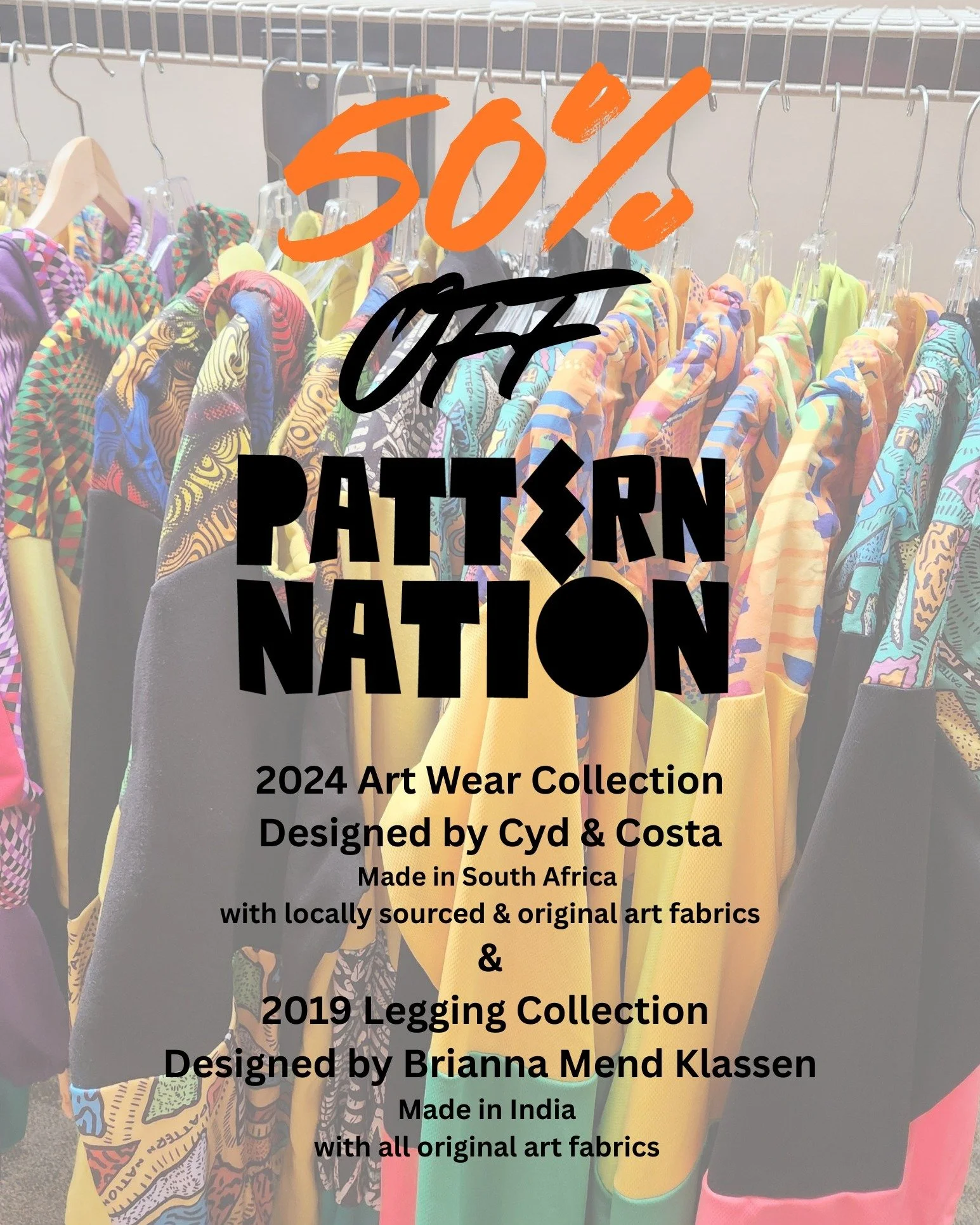 This Saturday shop Pattern Nation for 50% OFF @gotcraftmarket 

We have 4 free tickets to the market available so DM if your interested in attending this weekend. 

We will be selling  our 2024 Art Wear Collection
Designed by @cydeva &amp; @costabest