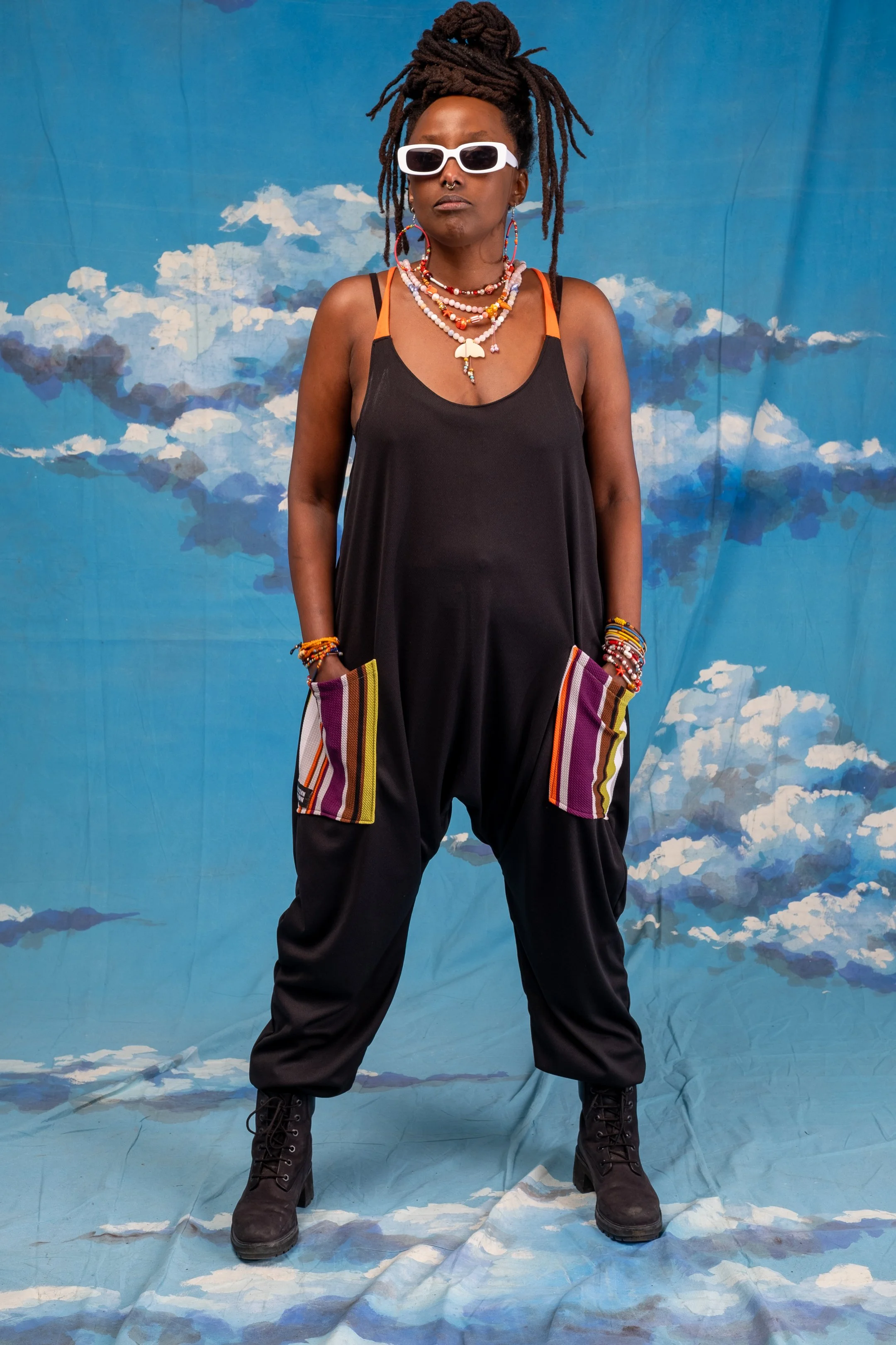 Jumpsuit Black with Red and Brown stripes