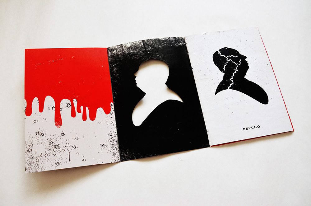 Gatefold to create the imagery of blood dripping through the diecut of Hitchcock’s silhouette.