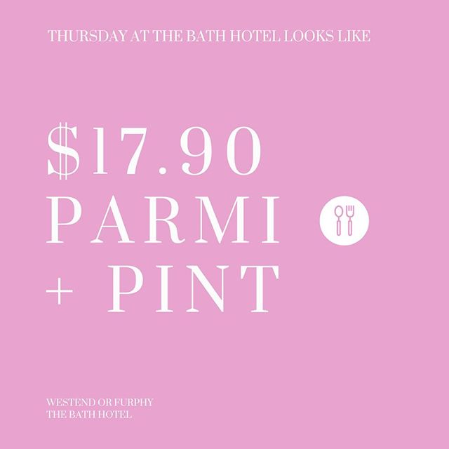 Now that's my kinda Thursday!! $17.90 parmi + pint day at The Bath.

232 The Parade, Adelaide