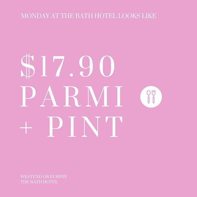 Parmi + Pint day... treat a mate (or why not just spoil yourself) and enjoy one of these delicious deals today at The Bath / 232 The Parade, Adelaide.